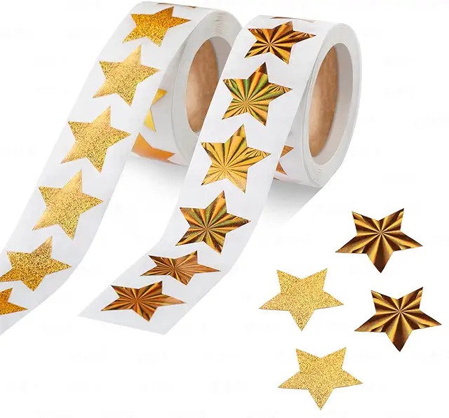 FINEASY 1000 Gold Star Stickers Roll - Glitter Reward Stickers for Kids Classroom