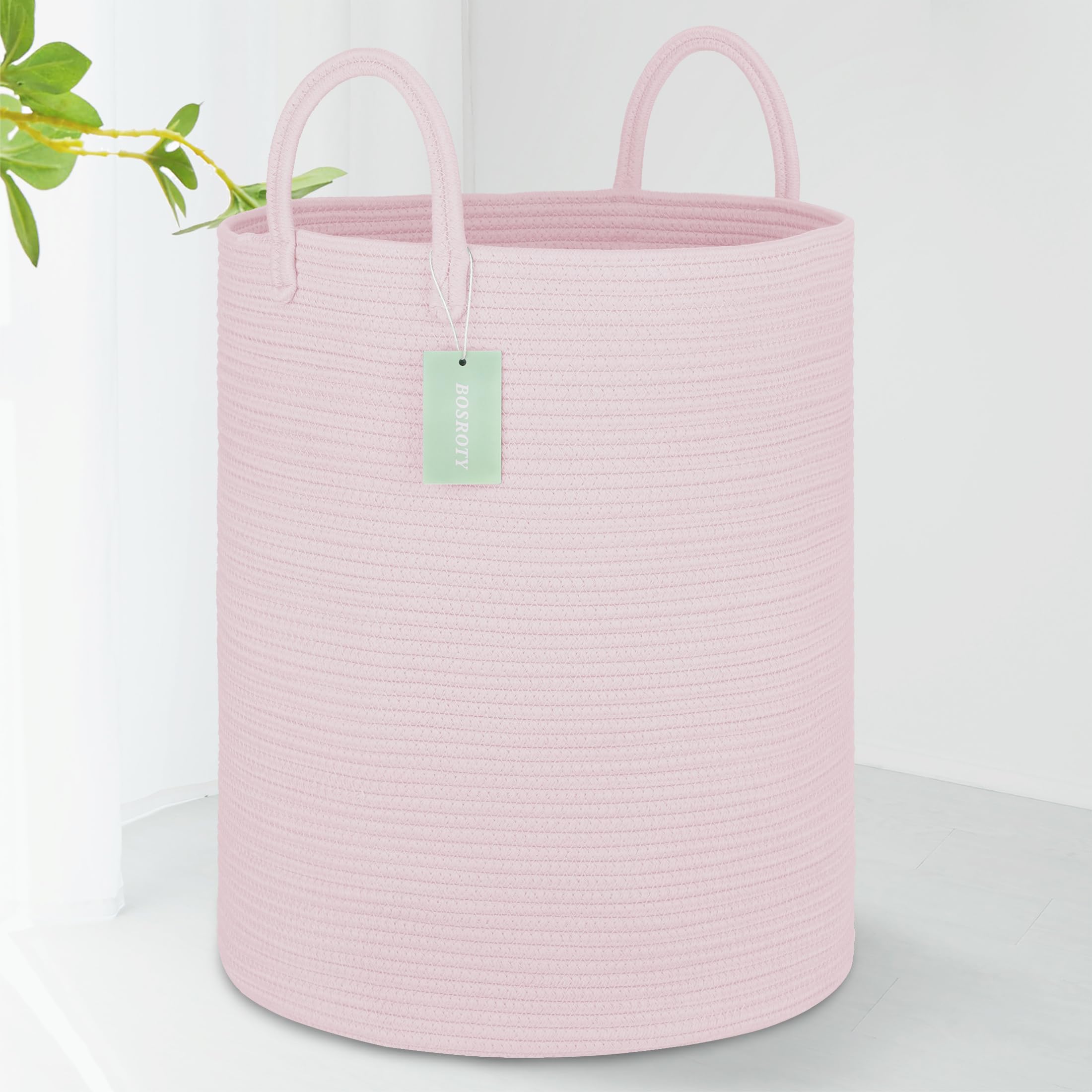 Grande cesto portabiancheria alto da 65 l, con manici, per riporre giocattoli, vestiti e asciugamani, in corda di cotone, 40 x 50 cm, rosa chiaro