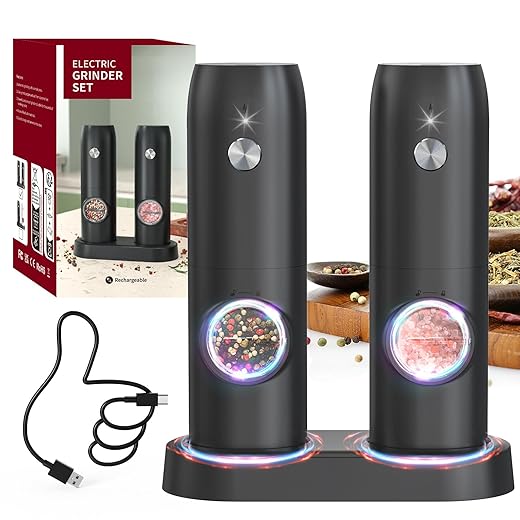 CIRCLE JOY Electric Pepper Grinder Mills, USB Rechargeable Salt and Pepper Set with Charging Base, Ceramic Grind and Adjustable Coarseness, Automatic Grinder for Home, Kitchen
