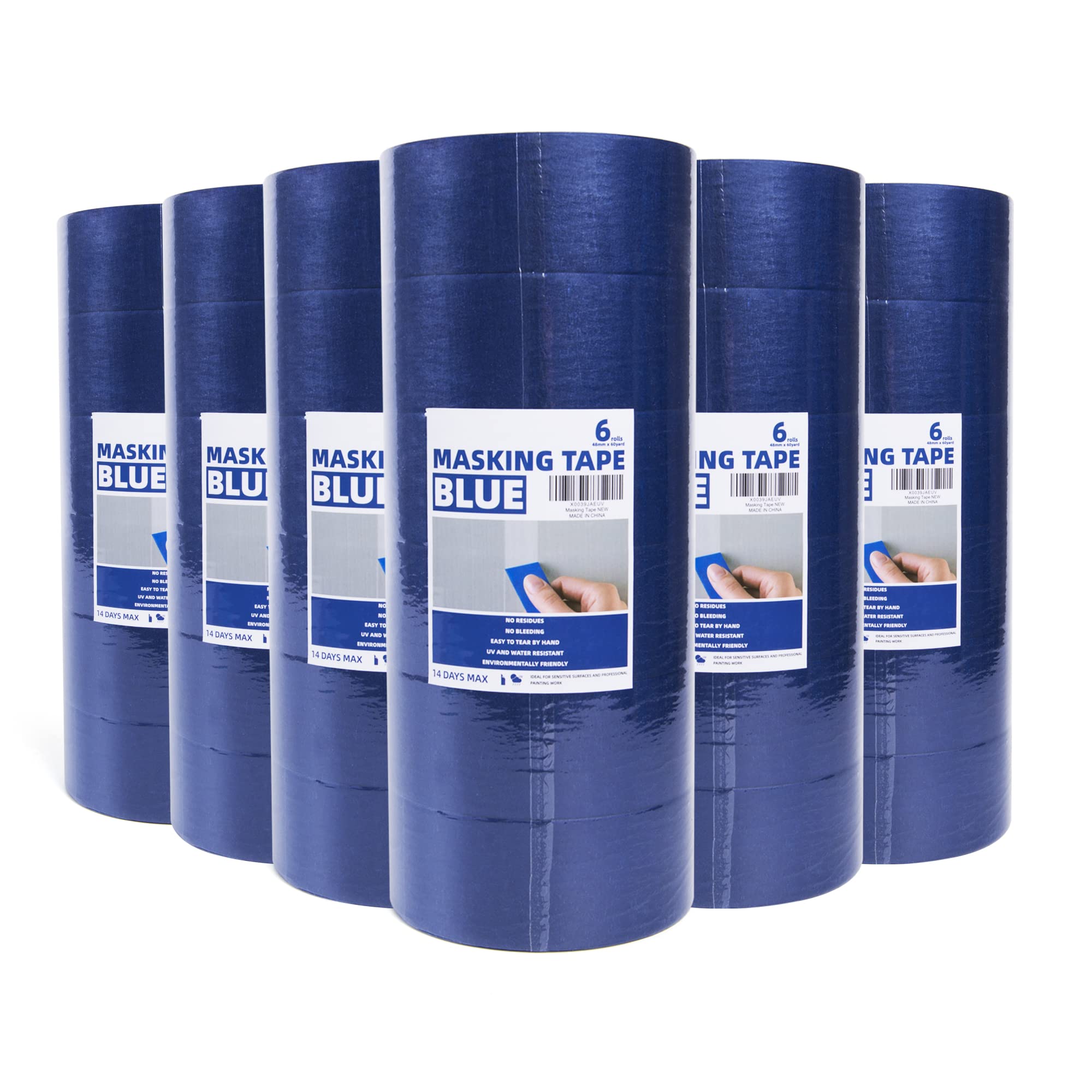 TAPEBEAR UV Beständig Blaues Abdeckband, Malerband, rückstandsfreies blaues Klebeband, Dekorateure, Künstlerband mit scharfen Linien zum Malen, Farbband, Papierband, 48 mm x 55 m, 36 Rollen