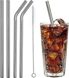 4 canudos de aço inoxidável, canudos reutilizáveis extra largos para milkshake, smoothie, bebidas, prata