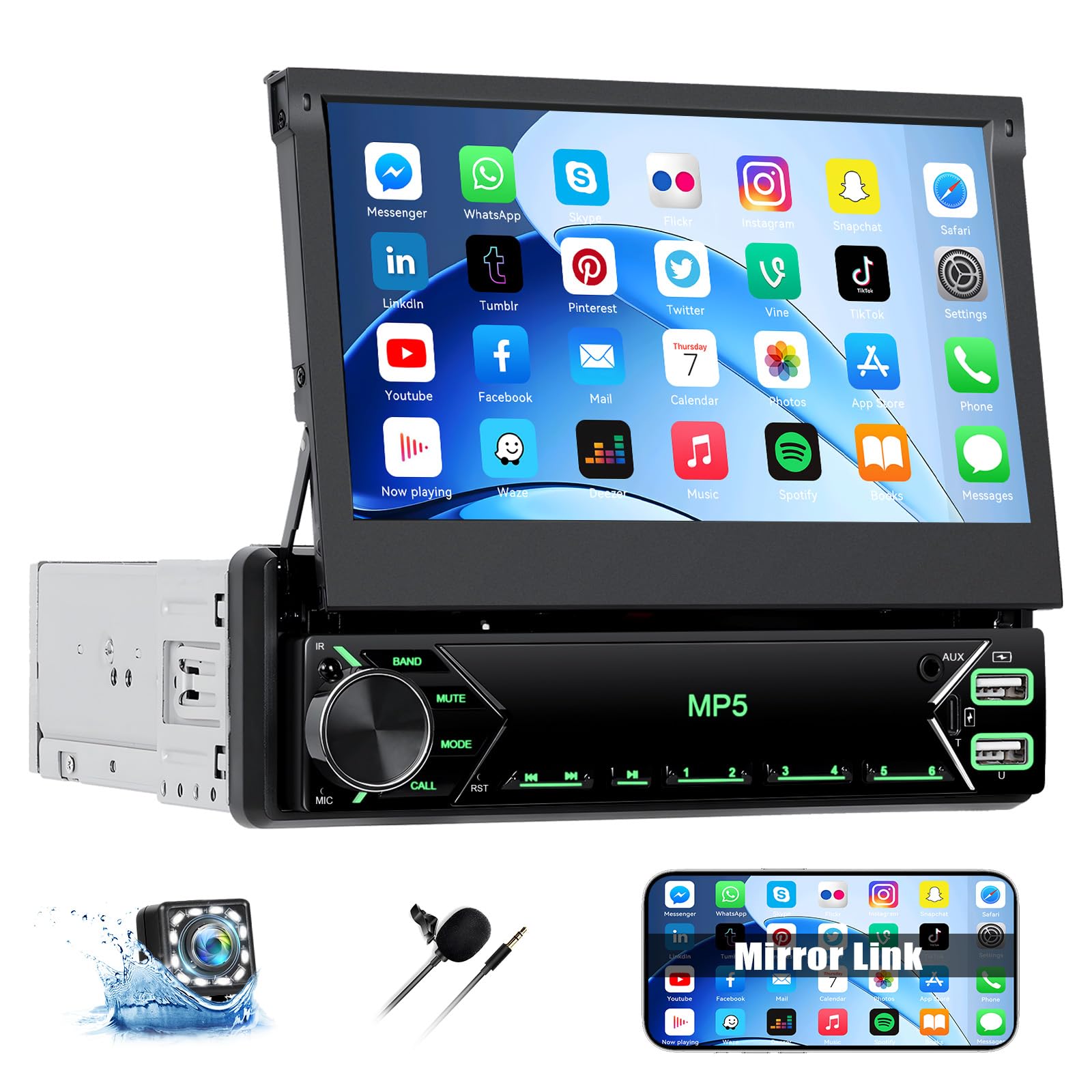 CAMECHO Autoradio 1 Din mit Bluetooth Radio Manuelle Ausfahrbarem Display mit Mirror Link FM/AM RDS Lenkradsteuerung USB/AUX +Rückfahrkamera