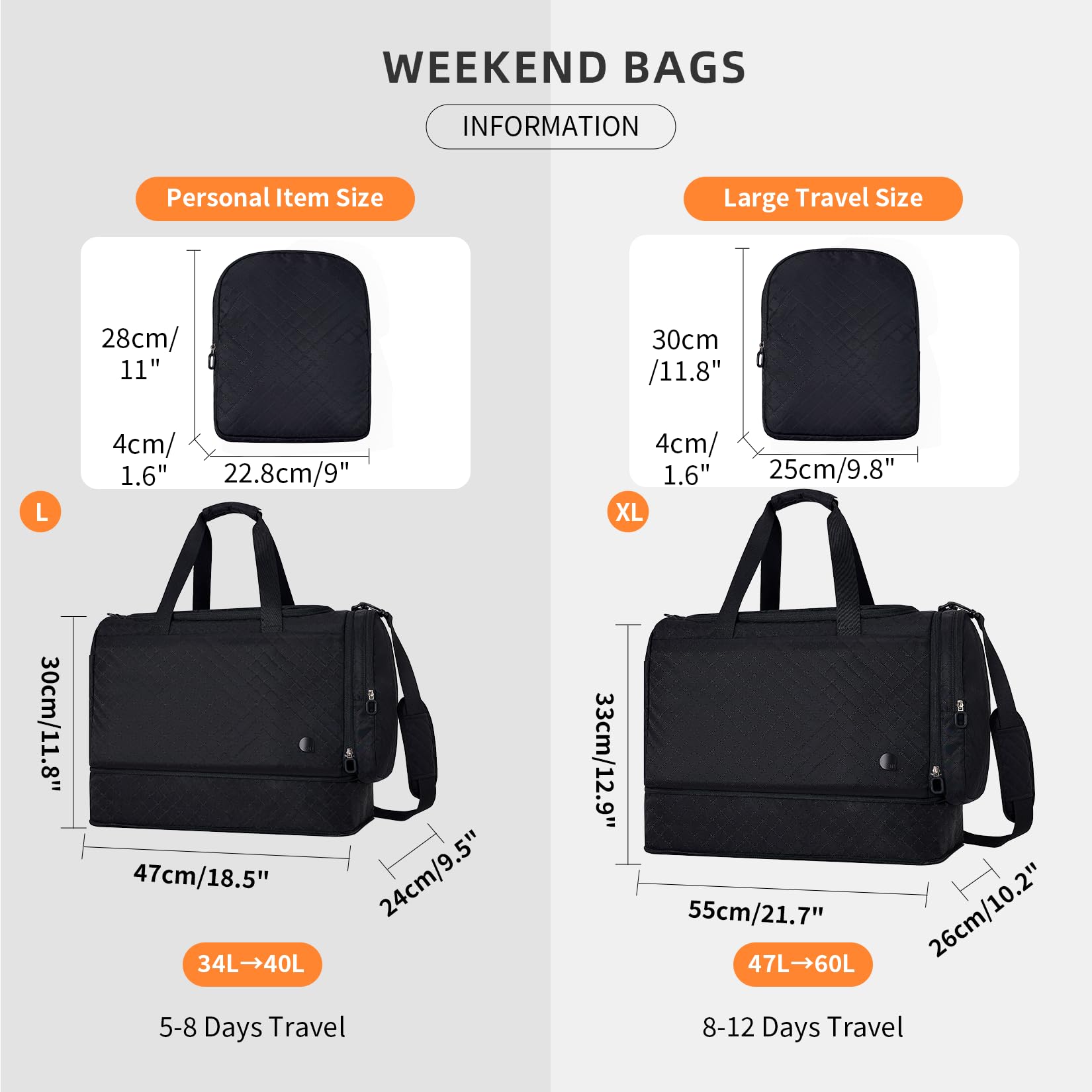 aji Reisetasche Damen Herren mit Abnehmbarer Kosmetiktasche, Separatem Schuhfach, Laptop-Fach und Feuchtigkeitsgetrenntem Fach, Weekender Leicht, Handgepäck Tasche für Reise Fitness Sport, Schwarz