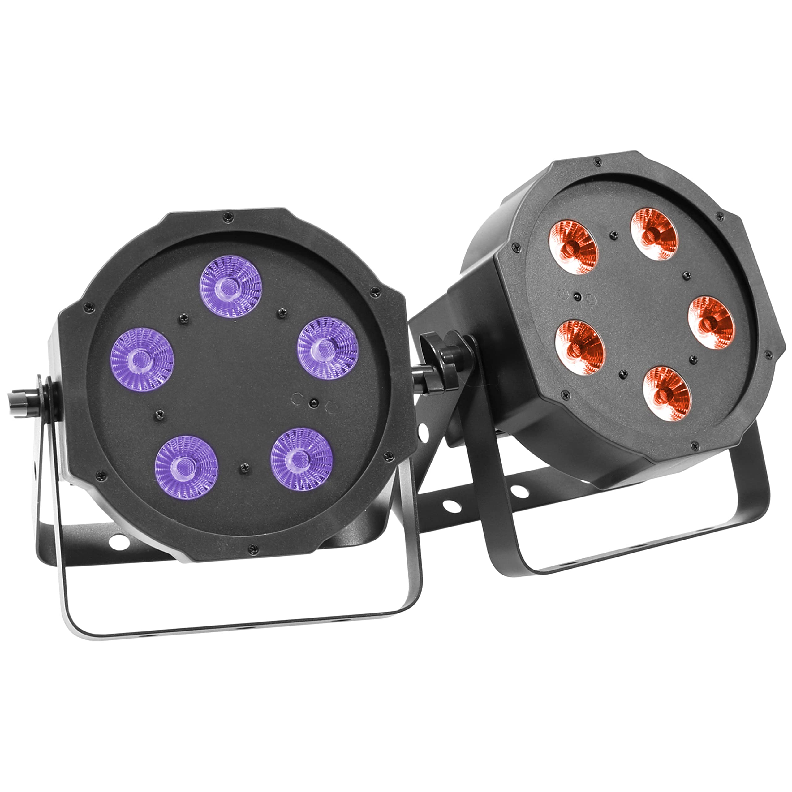 BoomToneDJ FlatPAR 5X5W 4in1 Set RGB-UV Lot de 2 éclairages de scène LED multicolores avec DMX 512. Modes automatique, détection musicale. Télécommande IR incluse. Link alimentation. Sac de transport.