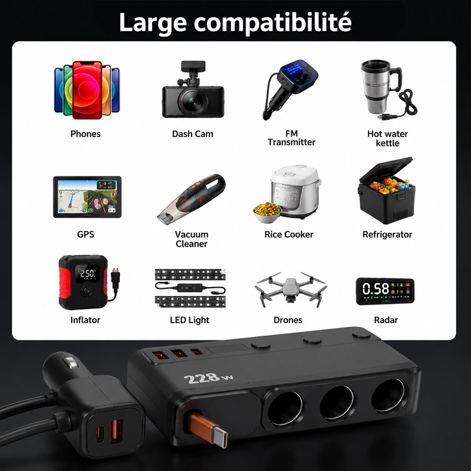 Cargador de coche USB-C PD45W, 9 en 1, 228 W, adaptador para