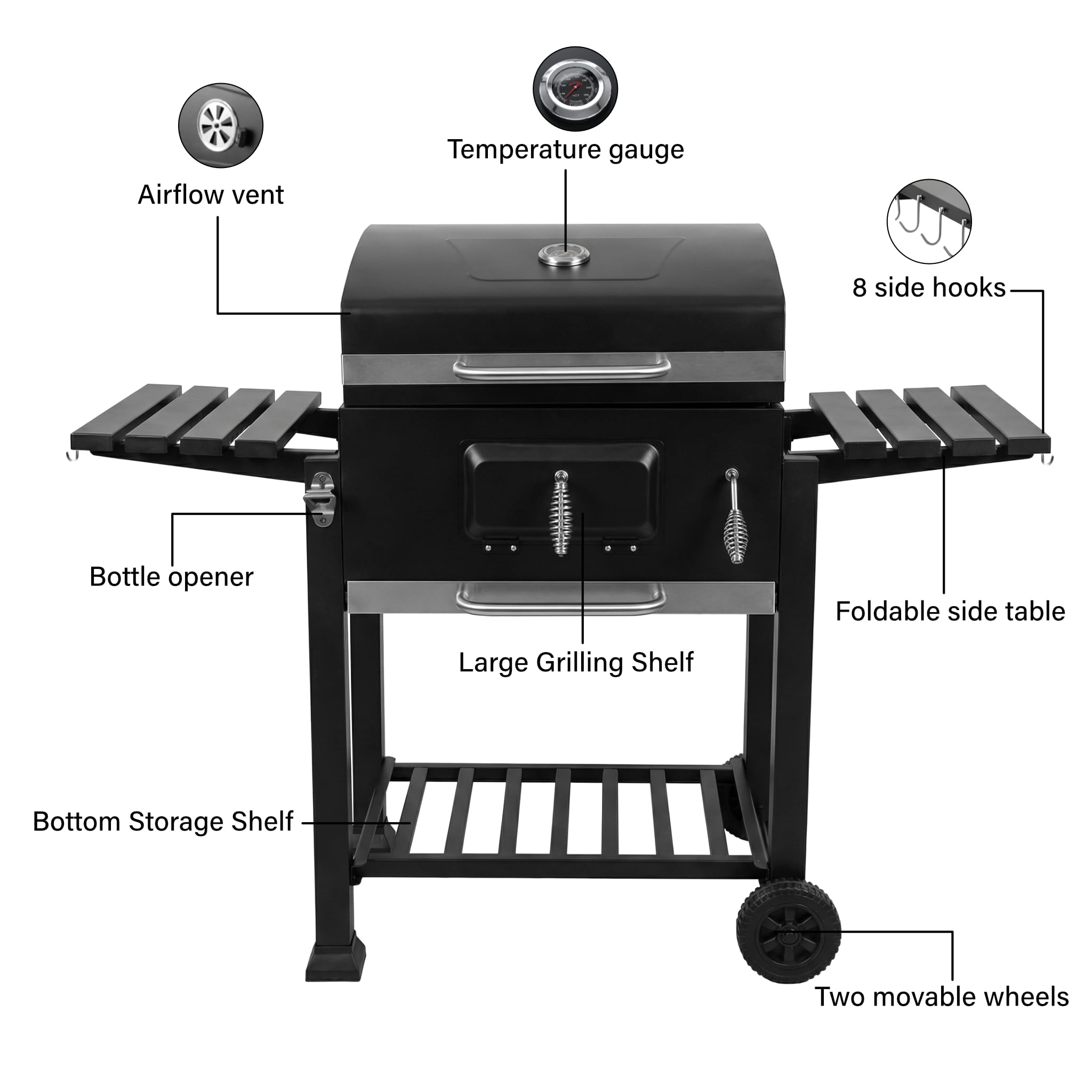 Barbecue Grill, Outdoor XXL Portable Charcoal BBQ Smoker with 2 Foldable Side Tables, Built-in Thermometer - Image 4