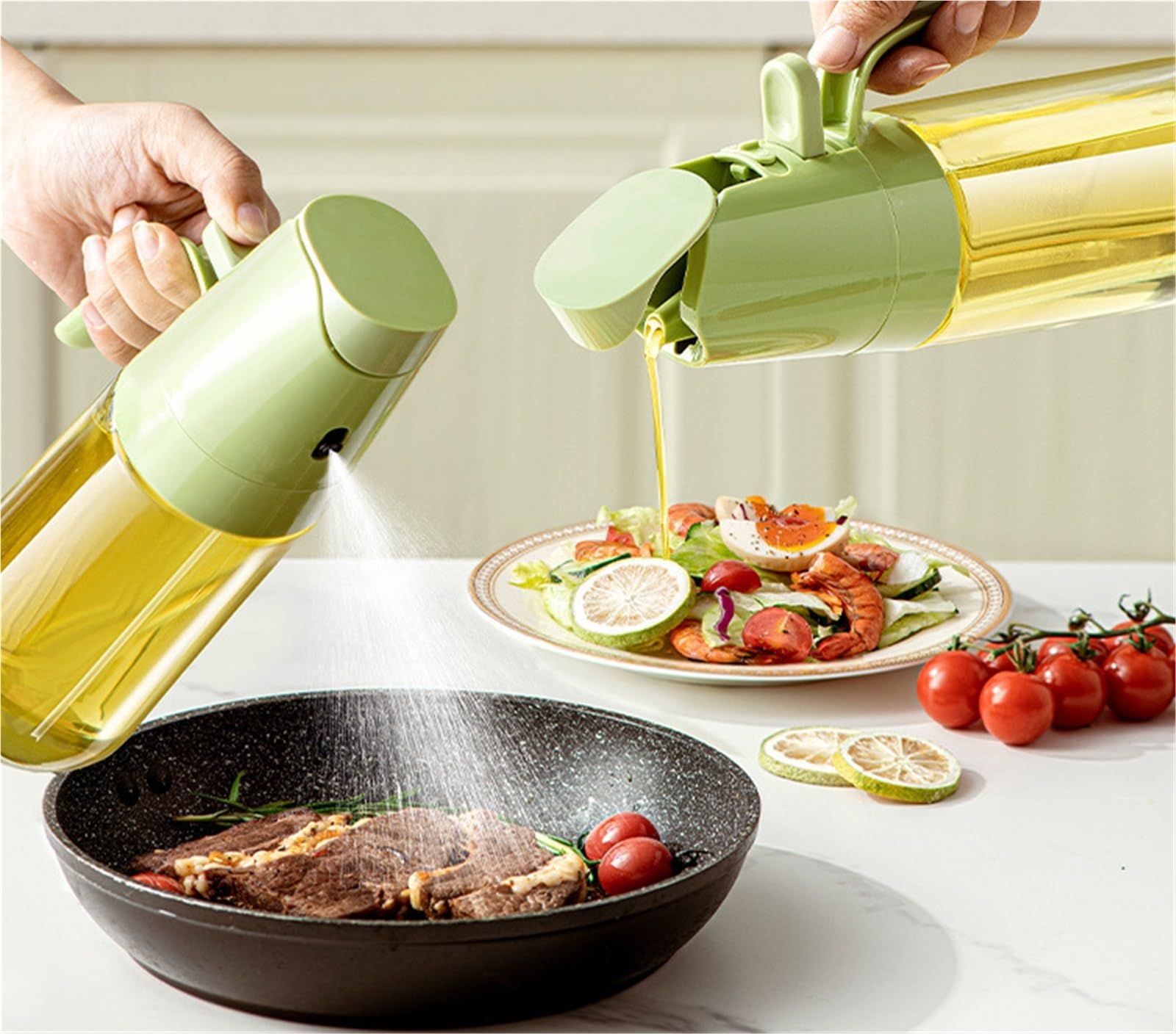Spruzzatore Olio Distributore Olio Spruzzatore E Versatore di Olio D'oliva A Doppio Scopo for Cucinare Insalata Friggere Aceto per Cucina(Grün,300ml)