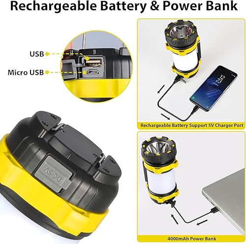 Miniatura 4 de Paquete de 2 linternas de campamento, luz LED para acampar al aire libre, linternas recargables con 1000 lm, 6 modos, banco de energía de 4000 mAh,