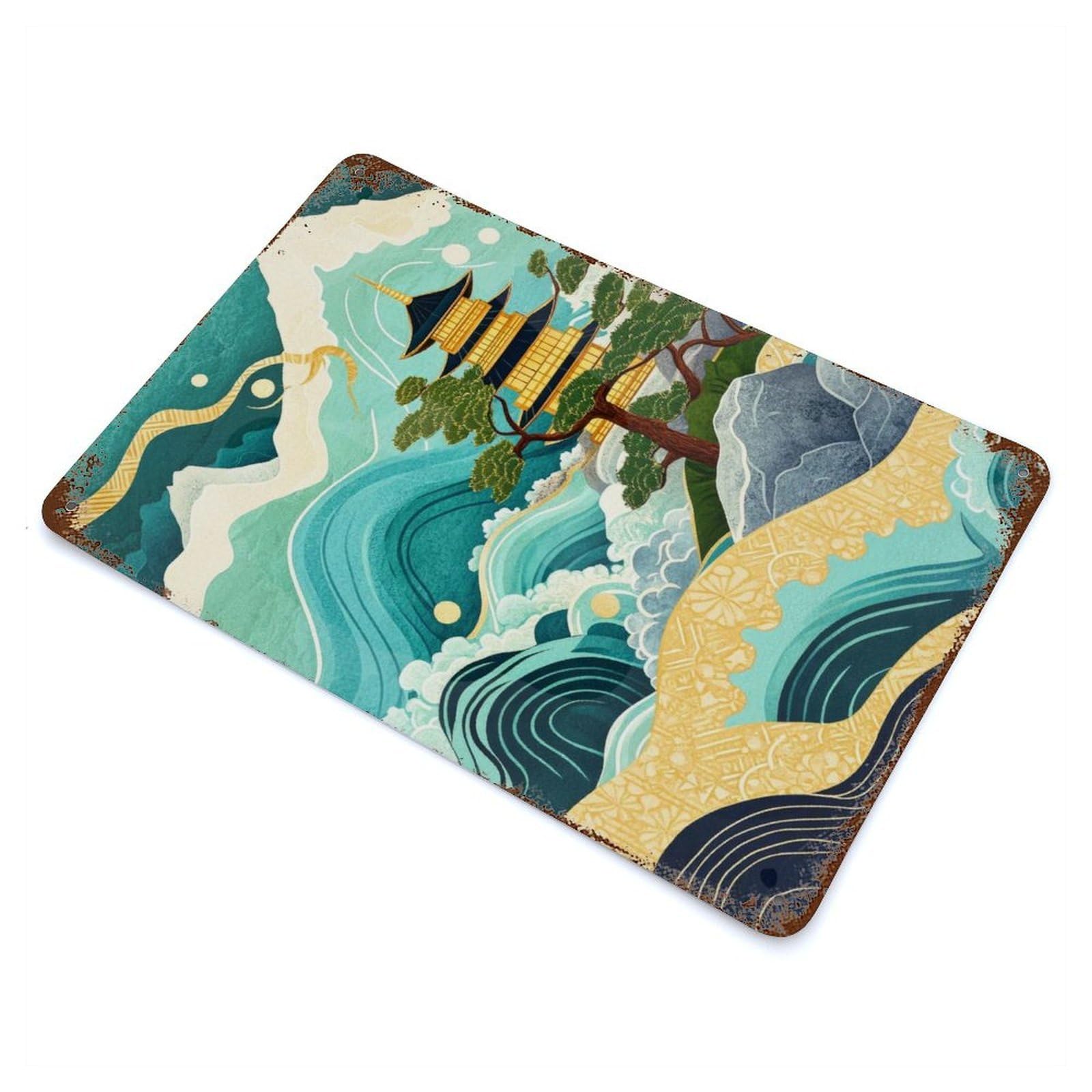 Japanese Pagoda Landscape 11.8"x7.9" Weathered Tin Sign, Decorative Metal Wall Art for Cafe, Home Bar And Lounge Decor