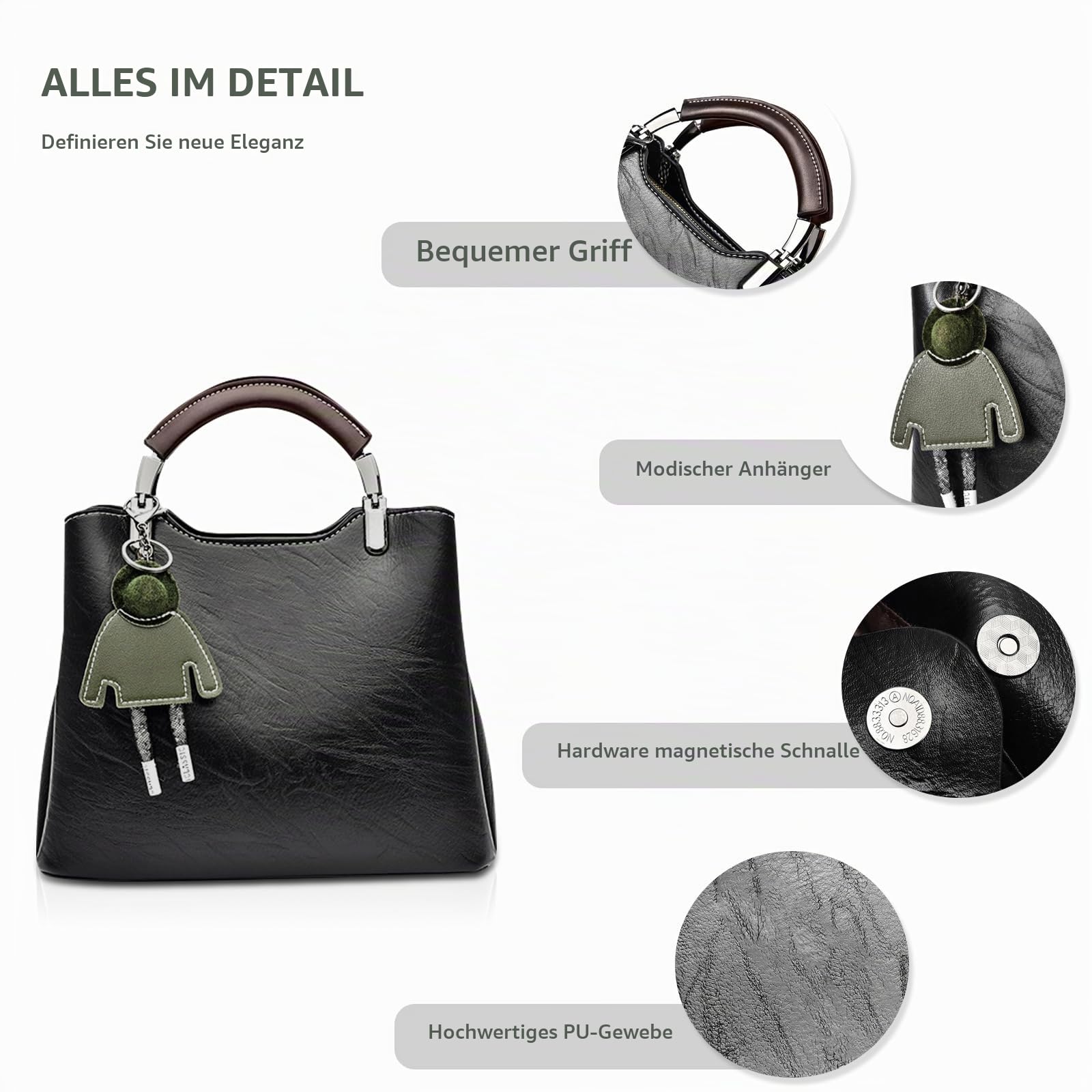 NICOLE & DORIS Handtasche Damen Klein Umhängetasche Crossbody PU Leder Henkeltasche Schultertasche Vintage Mini Tasche Satchel Handtasche mit Anhänger Schwarz