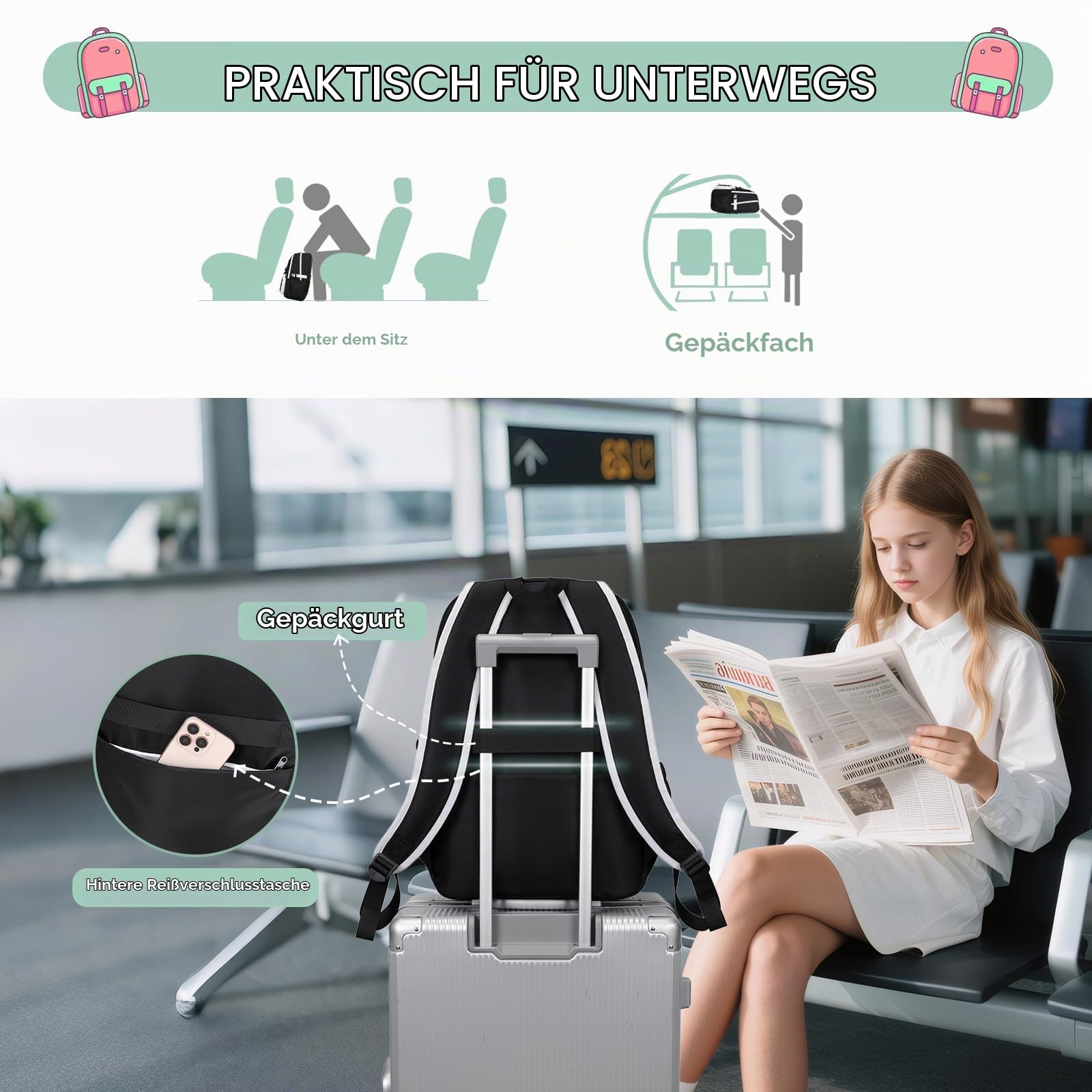 Tanou Schulrucksack Mädchen Teenager 3-tlg für Schule Reisen, Weiß Schwarz | Lässiger Schulranzen mit Lunchpaket Mäppchen für Mädchen 3. bis 7. Klasse, Stilvoll Mehrere Fächer Kinder Schultasche