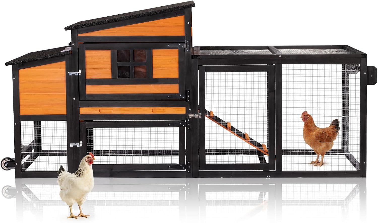 Portable Chicken Coop Poultry Cage with Wheels, Wooden Chicken Coop for 4-6 Chickens, Nesting Box, Pull-Out Tray, Ventilated Windows, Asphalt Weatherproof Roof, Yellow