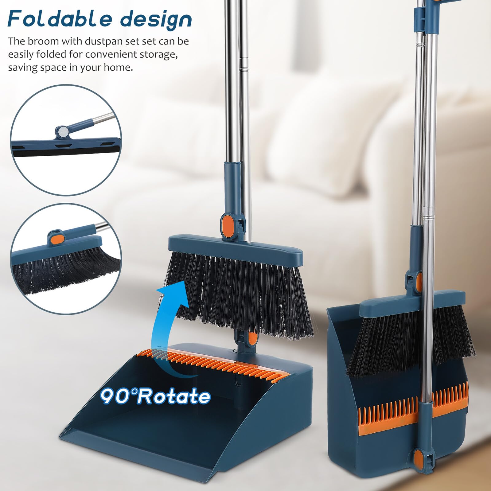Klappbares Besen und Kehrschaufel Set mit Drehbarem Besen Platzsparend und Robust Effektive Reinigung für Haushalt Küche und Schwer Zugängliche Ecken Langlebiges Set in Blau