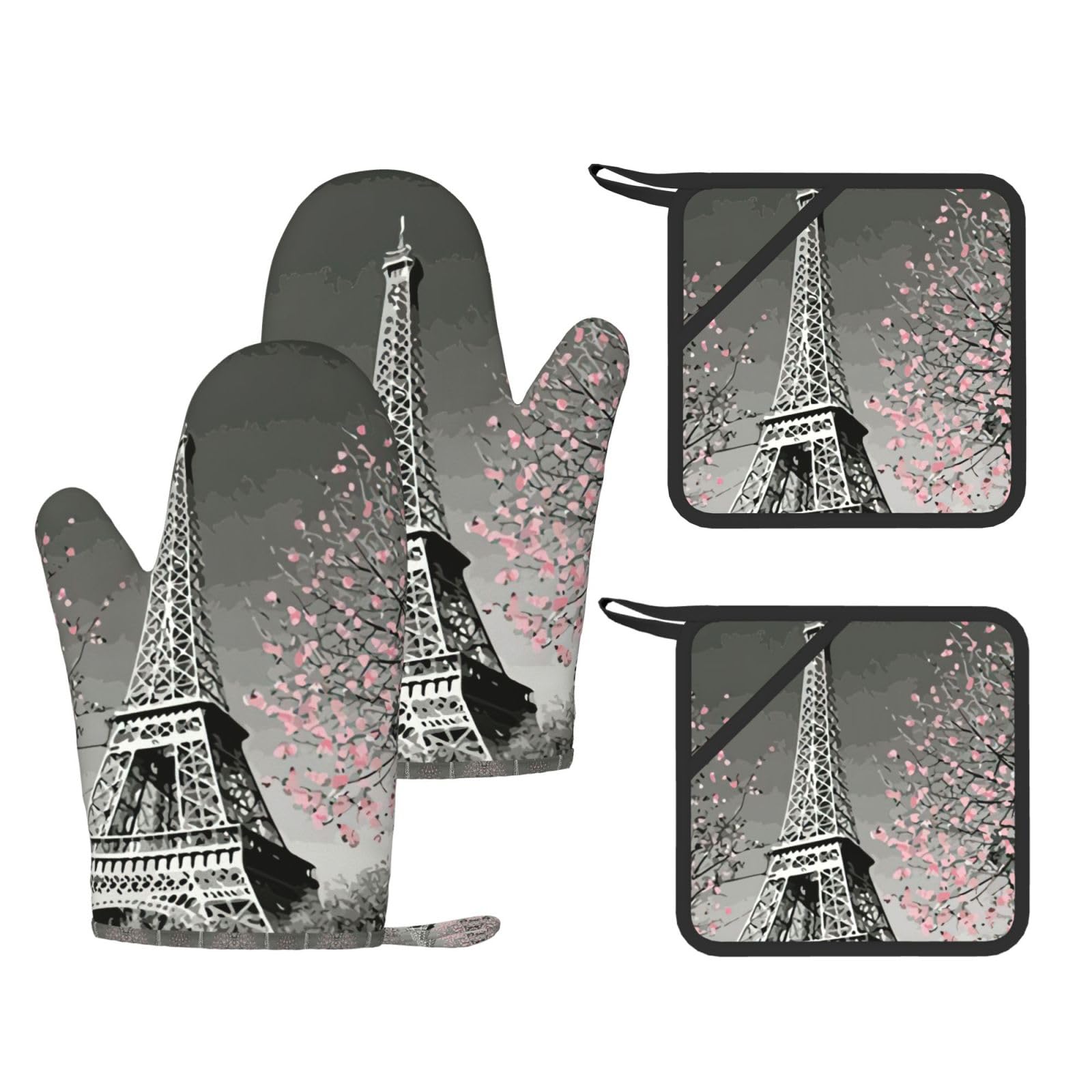 Paris Eiffel Tower Printed Oven Gloves and Hot Pads Set of 4, High Heat Resistant Silicone Mitts for Cooking BBQ