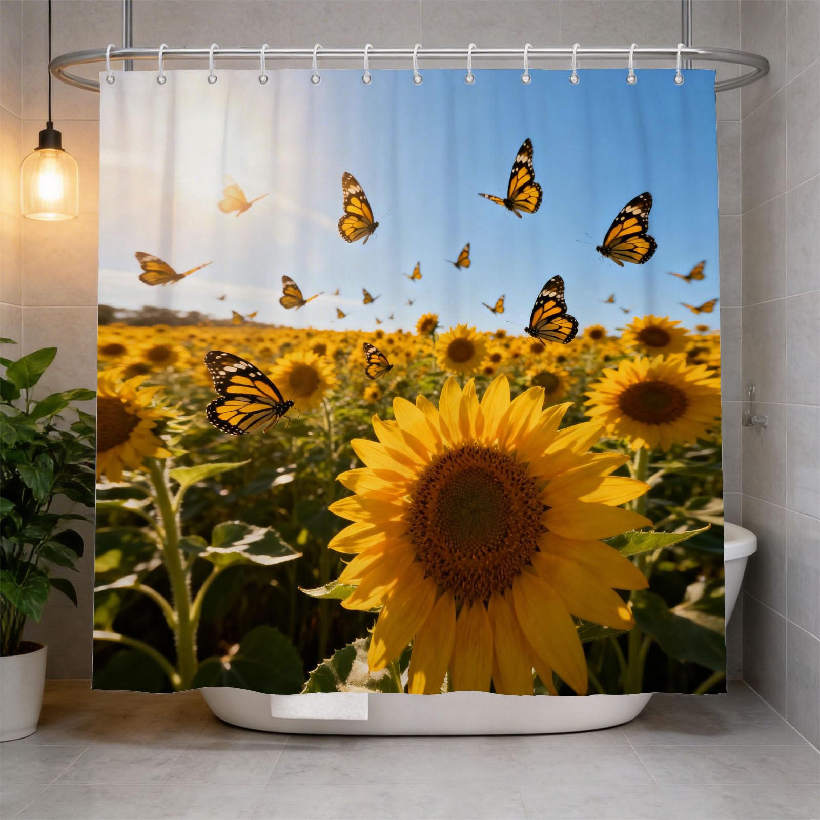 Hongduo 3D Sunflower Butterfly Shower Curtain for Stalls Bathtubs Farm Sunflowers Bathroom Decor Shower Curtain Set Polyester Fabric Waterproof 200x200cm/79X79 Inch with Hooks