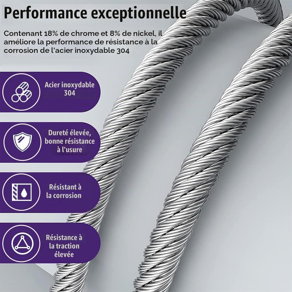 Cable Inox 6mm, 30M 7x19 Structure Cable Acier, Cable en Inox Inoxydable avec des Clips et Des Dés à Coudre, 2900kg de Résistance à la Rupture pour Câble Principal Zipline