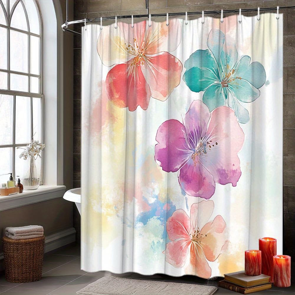 GLWDMB 1 Piece 180x180CM Watercolor Floral Printed Shower Curtain With Hook, Polyester, for Windows And Walls, Bathtub, Bathroom, Machine Washable, All Season Universal