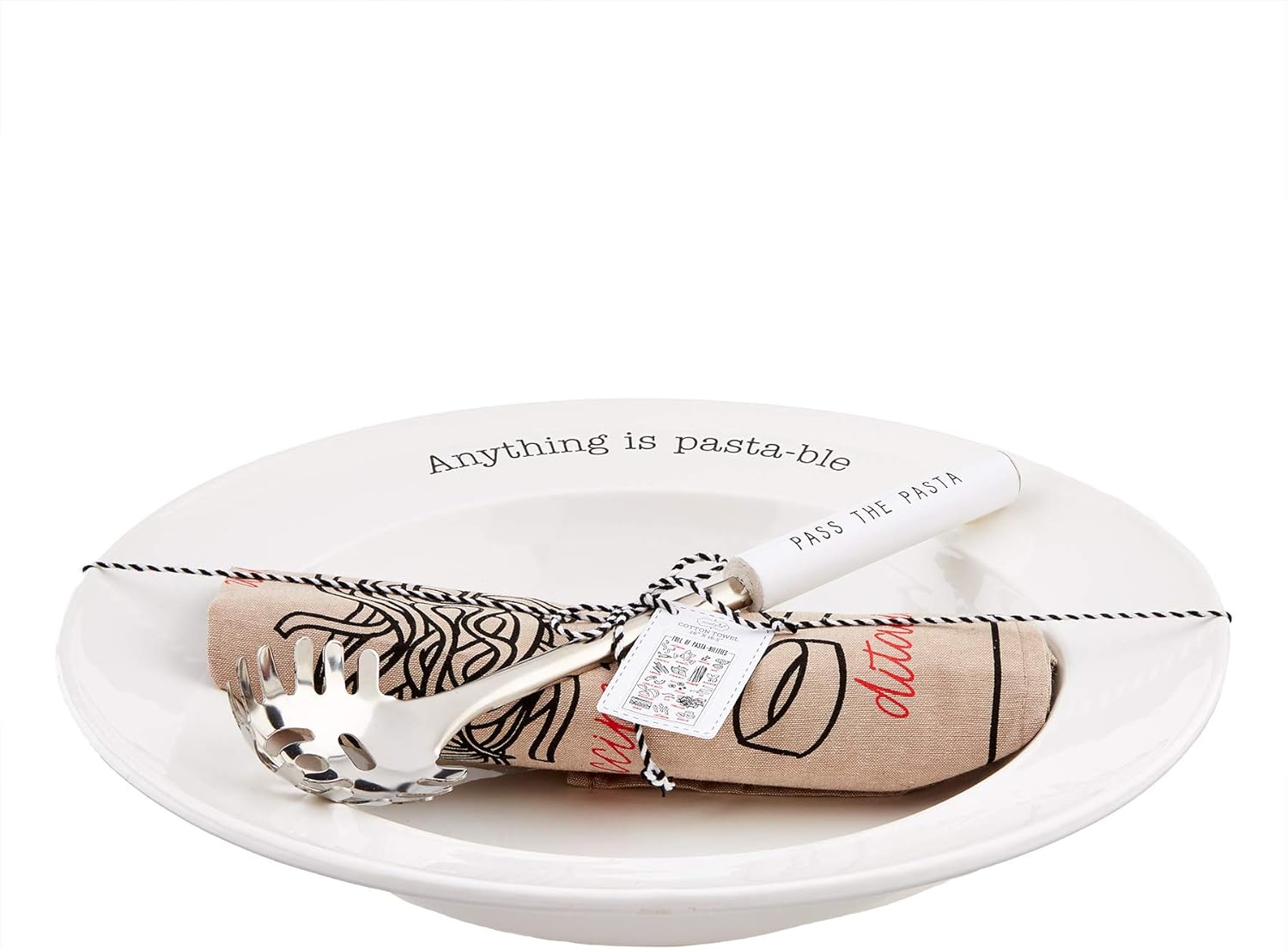 Mud Pie Circa Pasta Bowl with Towel, White, "bowl 3" x 14" dia | utensil 12 1/2" | towel 26" x 16 1/2"