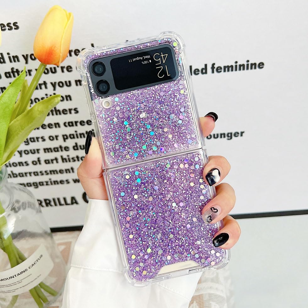 CEOKOK for Samsung Galaxy Z Flip 3 Glitter Case Cute Clear with Design Bling Shiny Reflective Pink Sparkle Protective Aesthetic Phone Cover for Women Girls Kawaii Sturdy for Z Flip 3 (Purple Sequin)