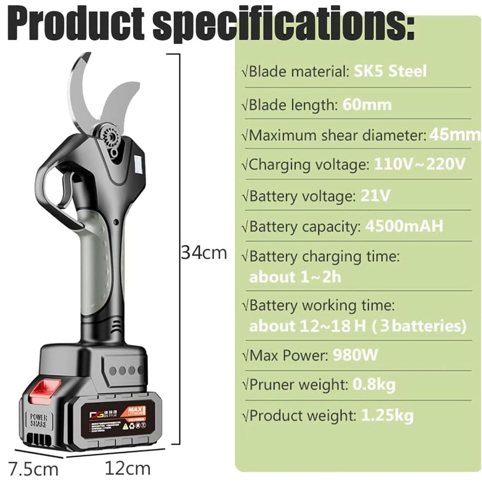 Tijeras de Podar Inalámbricas,Podadora Eléctrica con Poste De Extensión de Alto Alcance de 2.1m,Batería De Litio de 21V,Cuchillas Sk5,Diámetro de Corte de 45mm,2Battery,WithoutExtensionRod