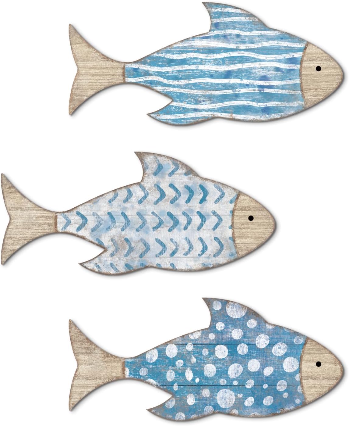 Putuo Decor 3 Pcs Wooden Fish Wall Decor Beach Nautical Coastal Theme Fish Wall Sculpture Wood School of Fish Wall Art Hanging Lake House Ocean Decor Vintage Ornaments for Home Bathroom Bedroom, Blue