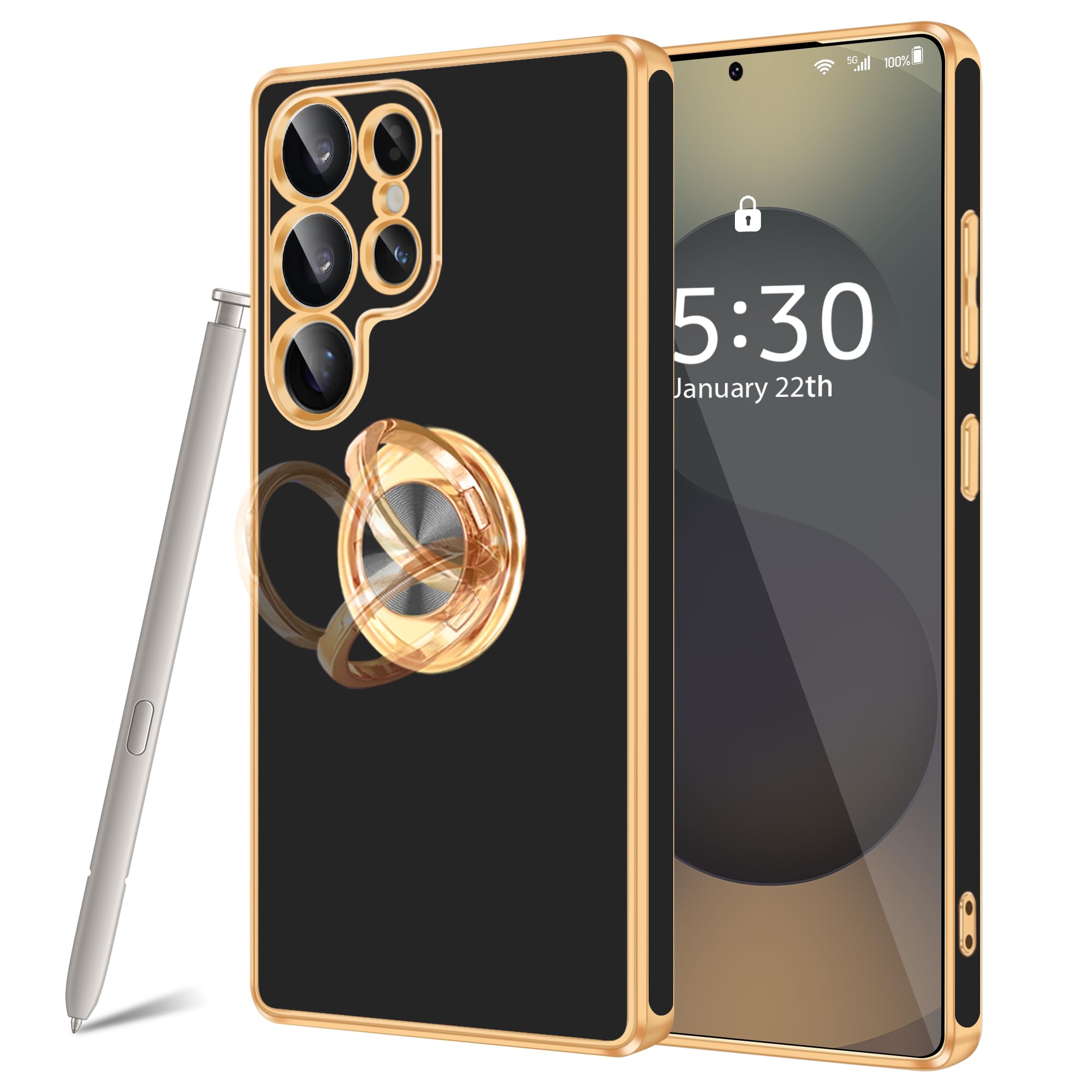 Fingic for Samsung Galaxy S25 Ultra Case[with 360°Rotatable Ring Holder][Support Magnetic Car Mount] Shiny Plating Gold Slim Thin Soft TPU Rugged
