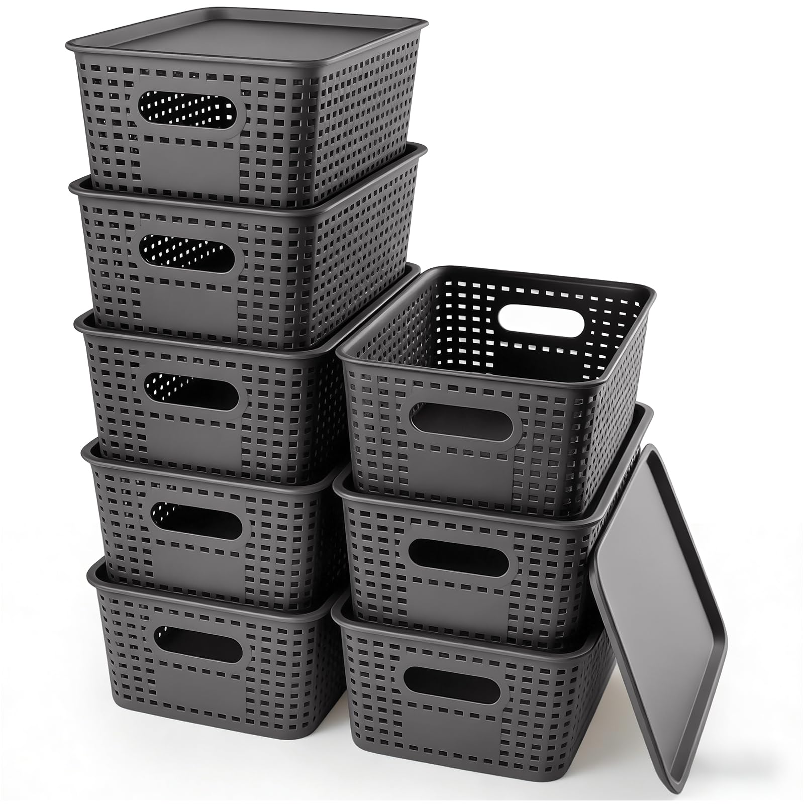 Xaztr 8 Pack Plastic Storage Basket with Lids, Stackable Storage Bins Containers, Decorative Storage Boxes Bulk for Organizing Shelves, Bathroom, Classroom, Office, Closet, Grey, 26 x 18.5 x 10.5 cm