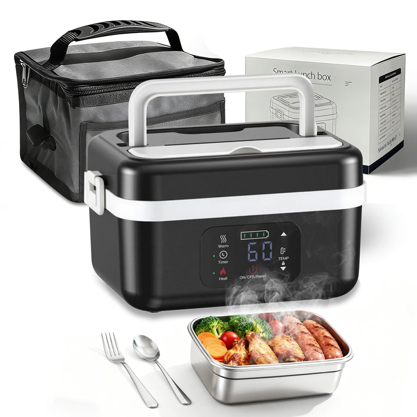 LIROPAU Elektrische Lunchbox, Tragbare Elektrische Lunchbox | mit Timer und einstellbarer Heizfunktion, 1L Electric Lunch Box für Arbeit Familie Camping Büro Auto Reisen Auf baustellen