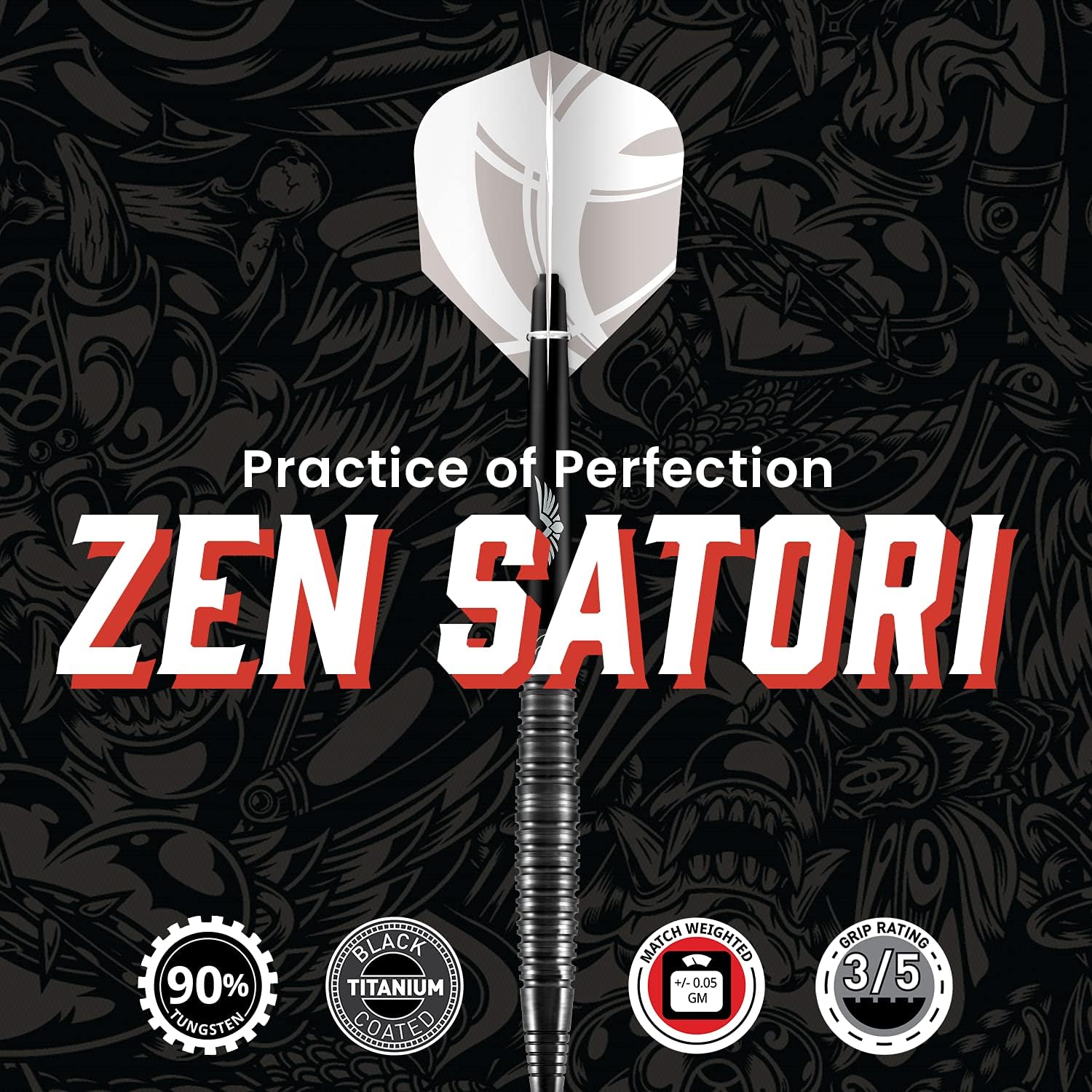 Shot Darts Steel Tip, Zen Satori (22g/ 24g/ 25g), 90% Tungsten Barrels, Center Balanced for Maximum Aerodynamics Handcrafted Professional Dart Set and Flights Made in New Zealand, Metal Tip Bar Darts