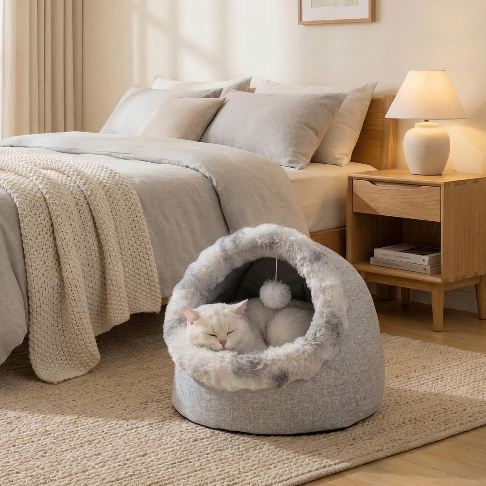 Avont Cuccia per gatti da interni, cuccia per animali domestici con fondo antiscivolo e cuscino rimovibile, lavabile, per gattini e animali di piccola taglia, grigio (M)