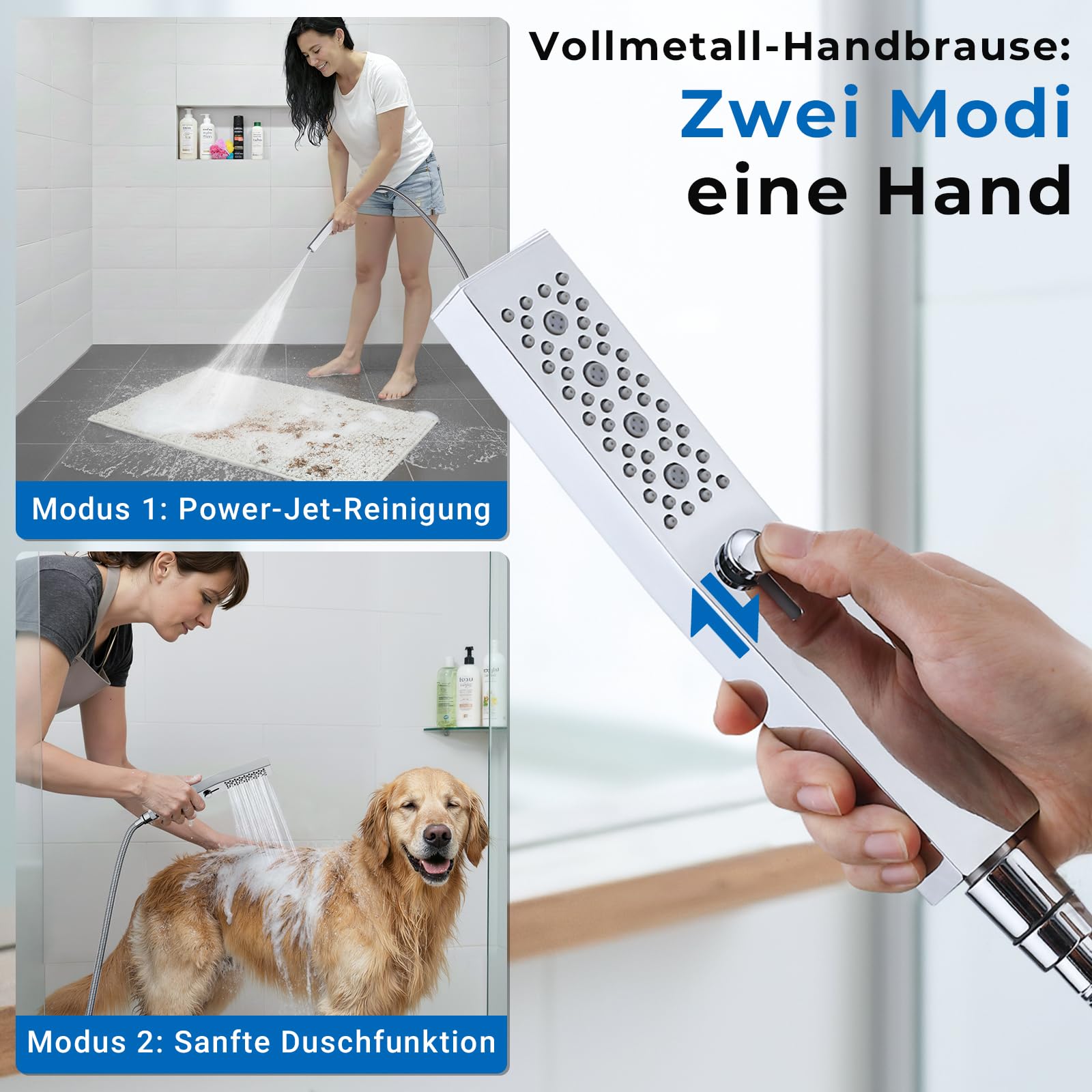 Ganzmetall-Duschsystem mit 35 cm Regendusche | 2-Strahl-Handbrause mit Power-Strahl, an vorhandene Bohrlöcher anpassbar, korrosionsbeständig, ohne Armatur, Chrom