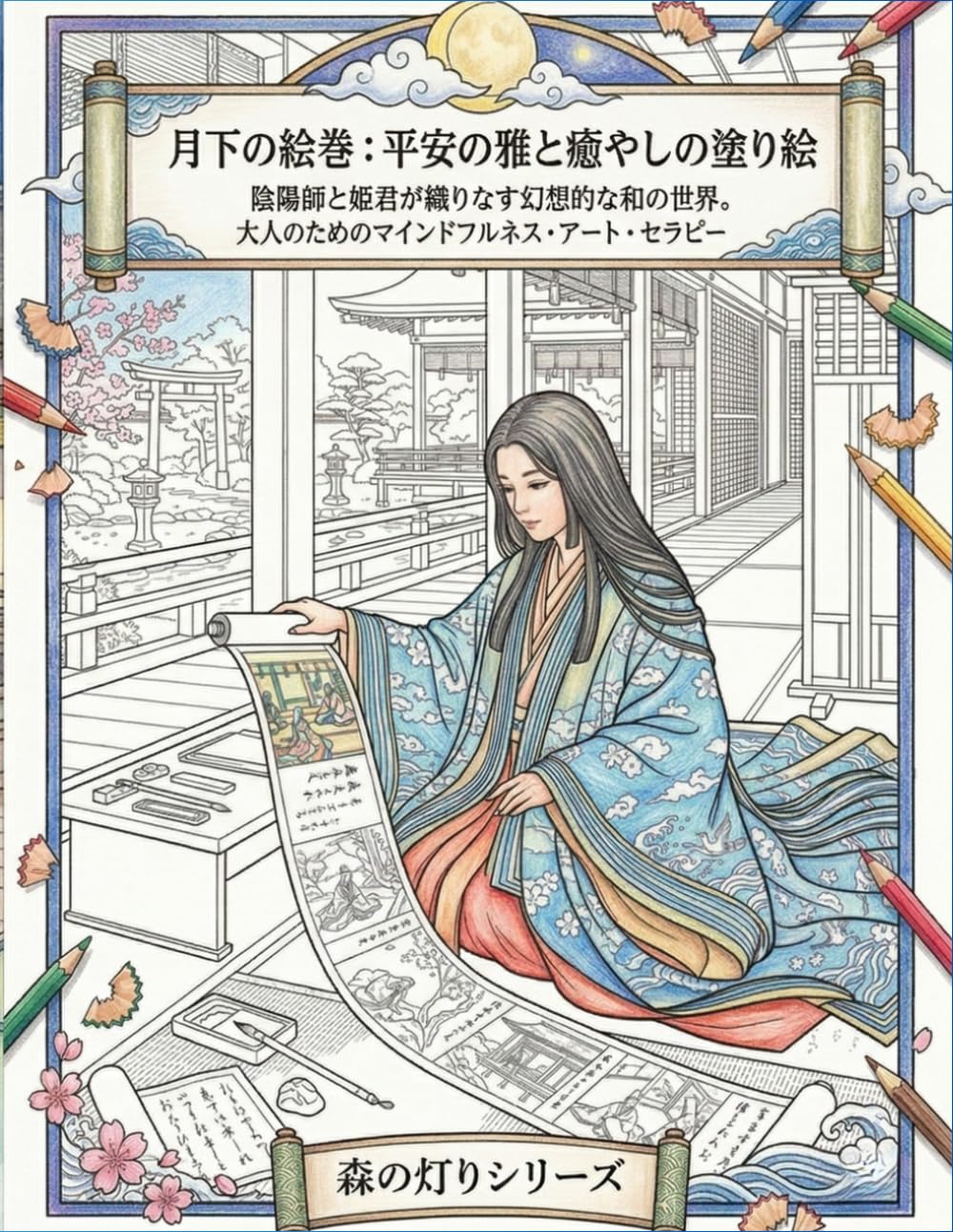 月下の絵巻：平安の雅と癒やしの塗り絵: 陰陽師と姫君が織りなす幻想的な和の世界。大人のためのマインドフルネス・アート・セラピー (森の灯りシリーズ)