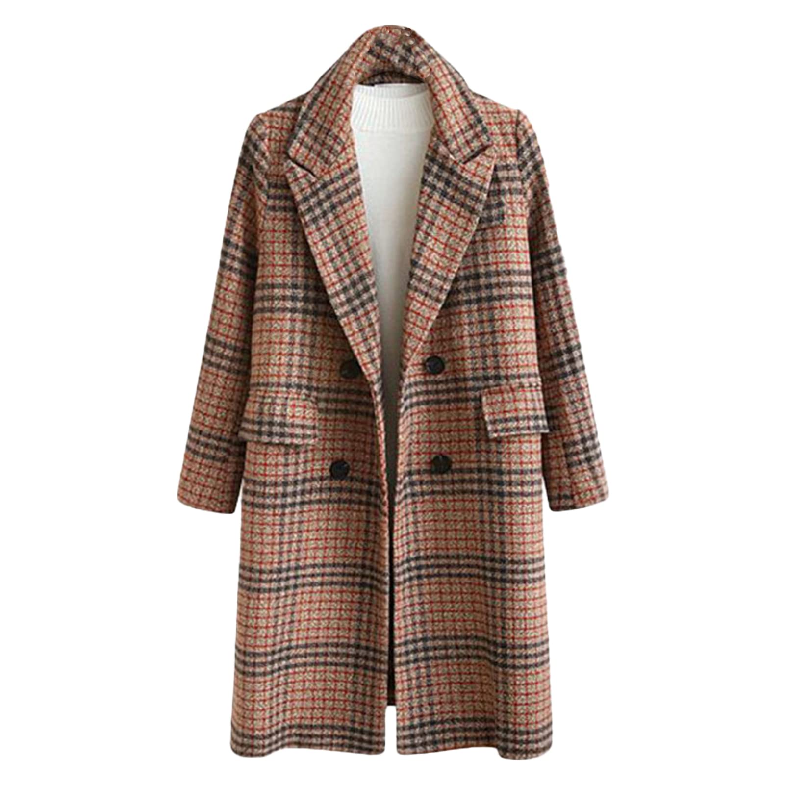 Women'S Winter Lapel Collar Coat Woolen Plaid Double Breasted Long