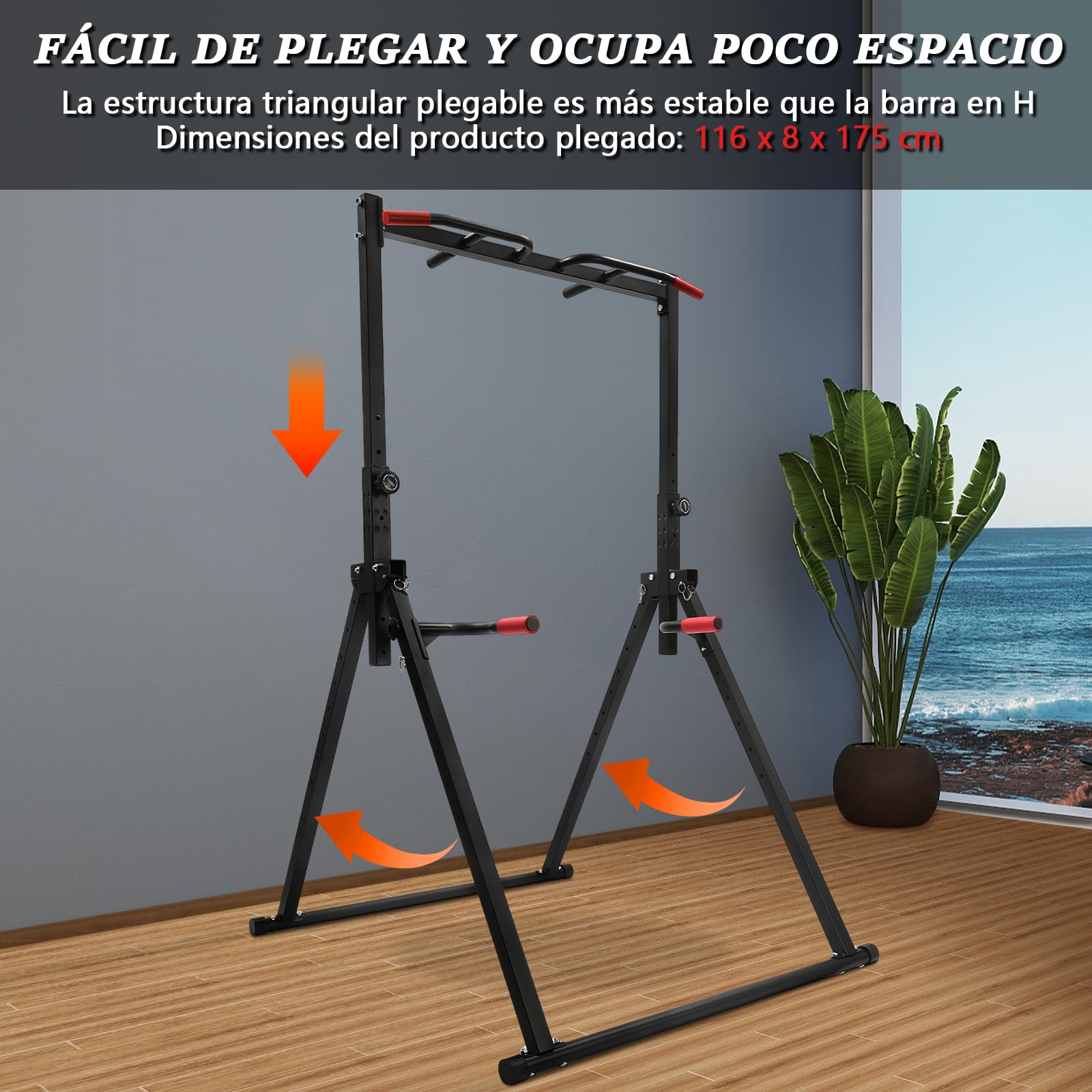 Estación de Dominadas Plegable, Power Tower Dip Station Independiente Altura Ajustable Barra de Dominadas Multifuncional Dispositivo de Entrenamiento para Dominadas, Flexiones hasta 200kg