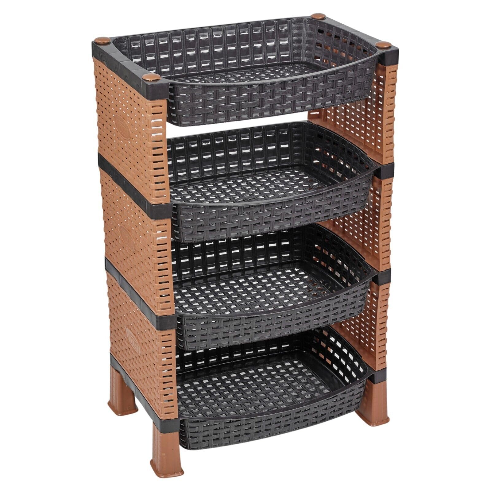 Urbnliving Brown 4 Tier Shelves Fruit Vegetable Baskets Storage Cart Rack Home Kitchen Organiser (Brown)