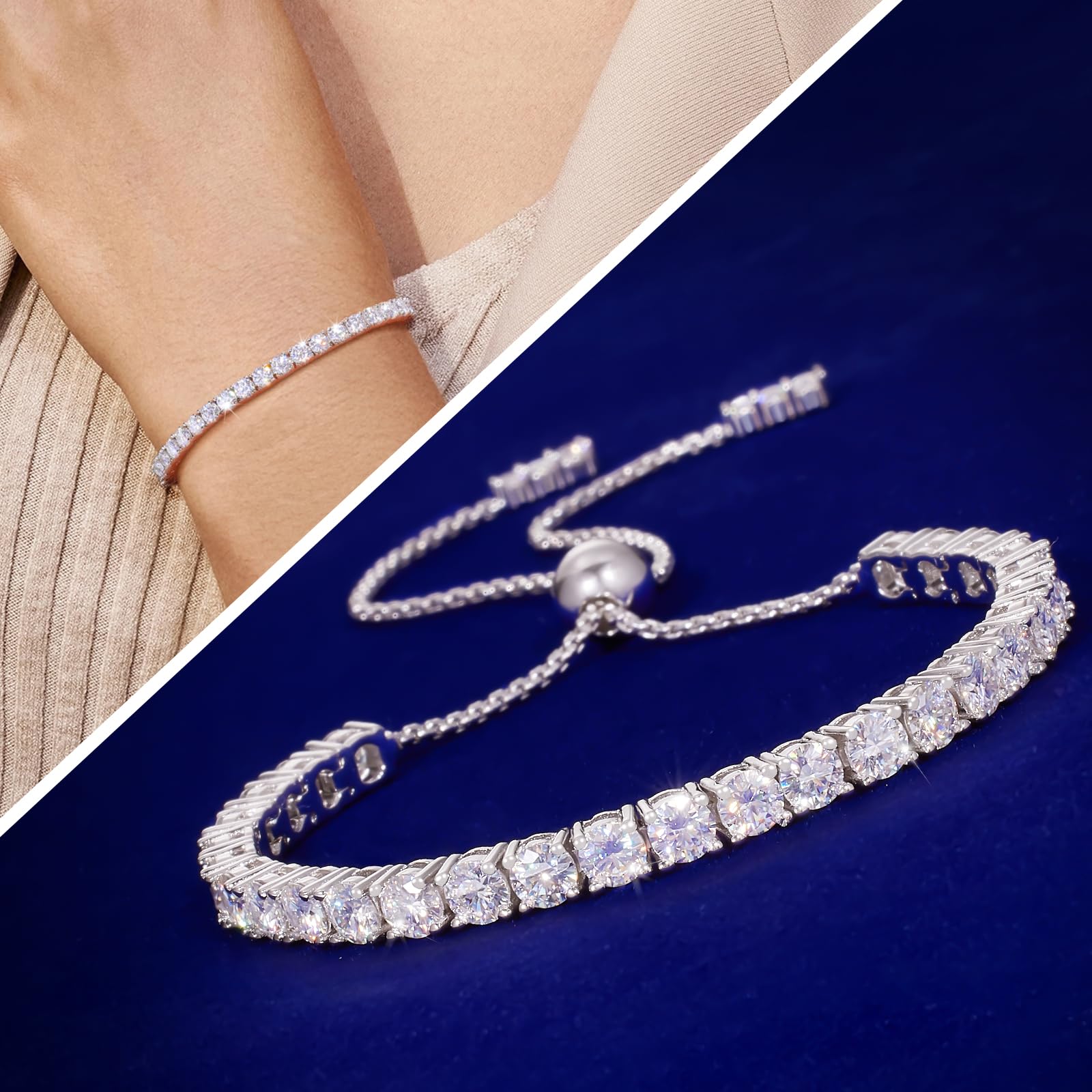Armband Damen Moissanite Armband aus 925er Sterlingsilber Hypoallergen Längenverstellbar D-Farbe Reinheit VVS1 Geschenke für Frauen