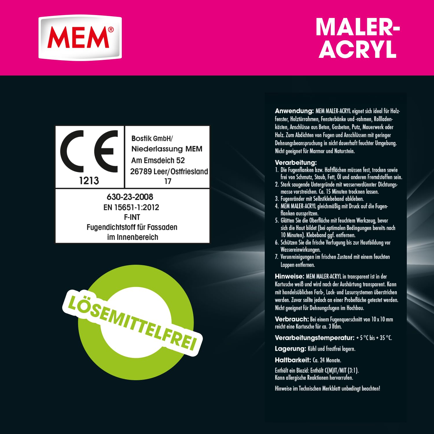 MEM Maler-Acryl, Für Renovierungsarbeiten und zum Abdichten, Innen und außen anwendbar, Überstreichbar, Überputzbar, Gebrauchsfertig, Lösemittelfrei, 300 ml Kartusche, Transparent