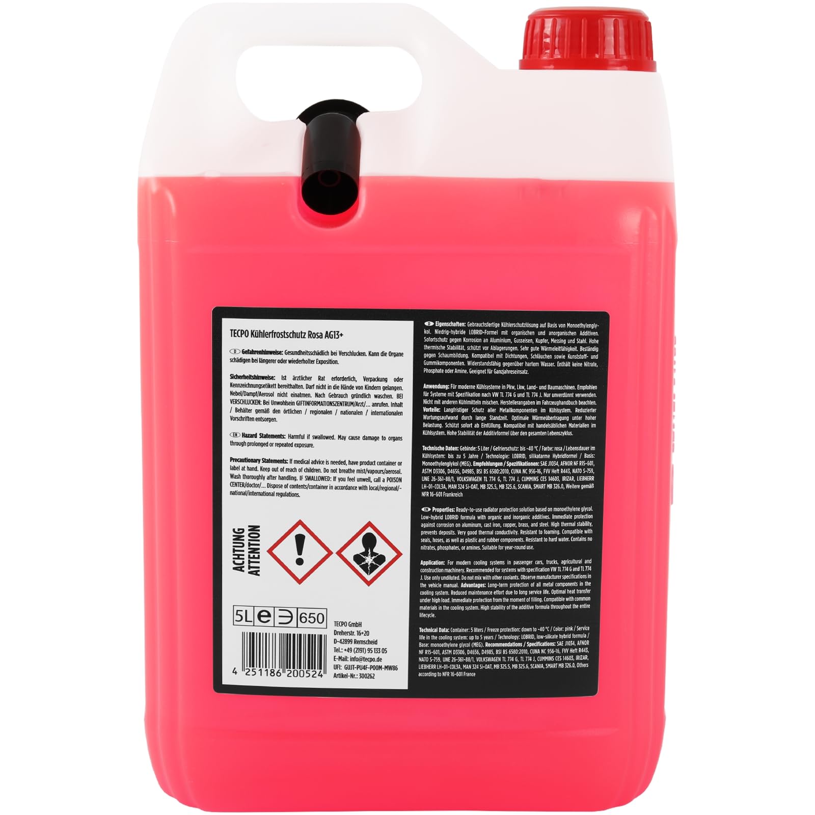 TECPO Anticongelante anticongelante AG13+, 20 litros de líquido refrigerante rosa rojo -40 °C, listo para usar, tecnología Lobrid hasta 5 años de vida útil