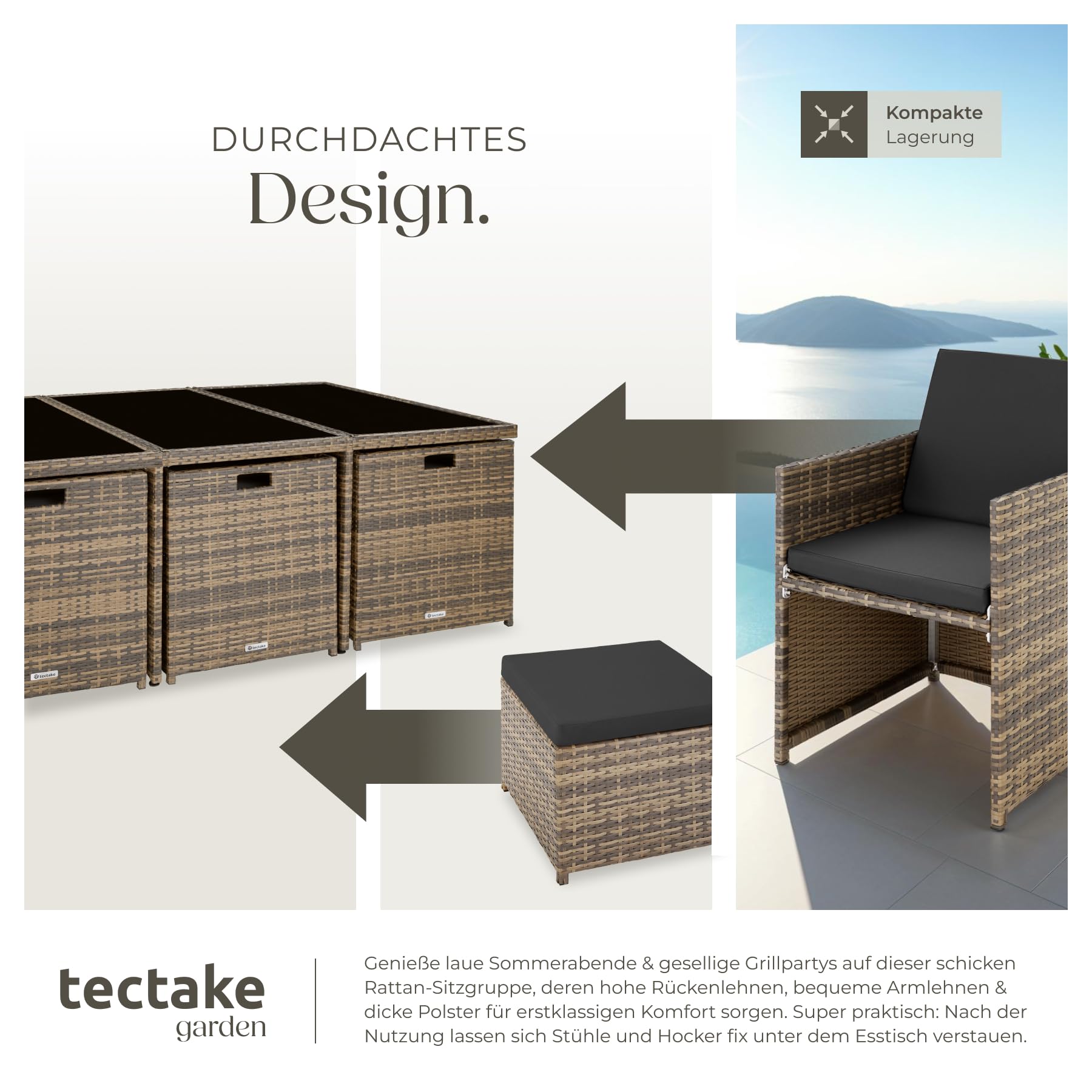 tectake® Polyrattan Gartenmöbel Set, Sitzgruppe mit 6 Stühle + 1 Glasplatte Tisch + 4 Hocker, Gartenlounge Set klappbar mit Aluminium Gestell, für 10 Personen, Balkon Möbel, inkl. 2 Bezugsset - Natur