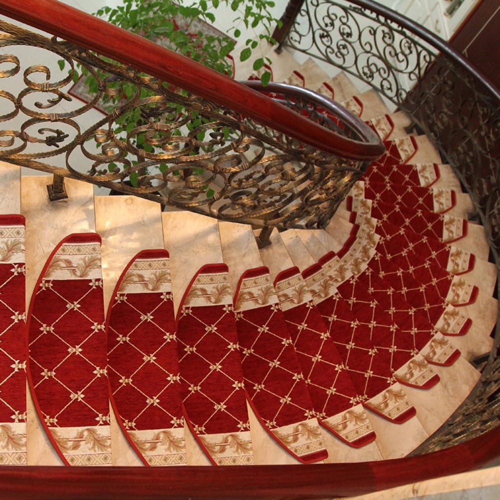 KEYAMA 1 Piece Acrylic High-Grade Sector Grid Bullnose Carpets Stair treads Free Tape Non-Slip Steps Stair mats treads Decorative Stair Rugs 9" W x 31" L Red (U)
