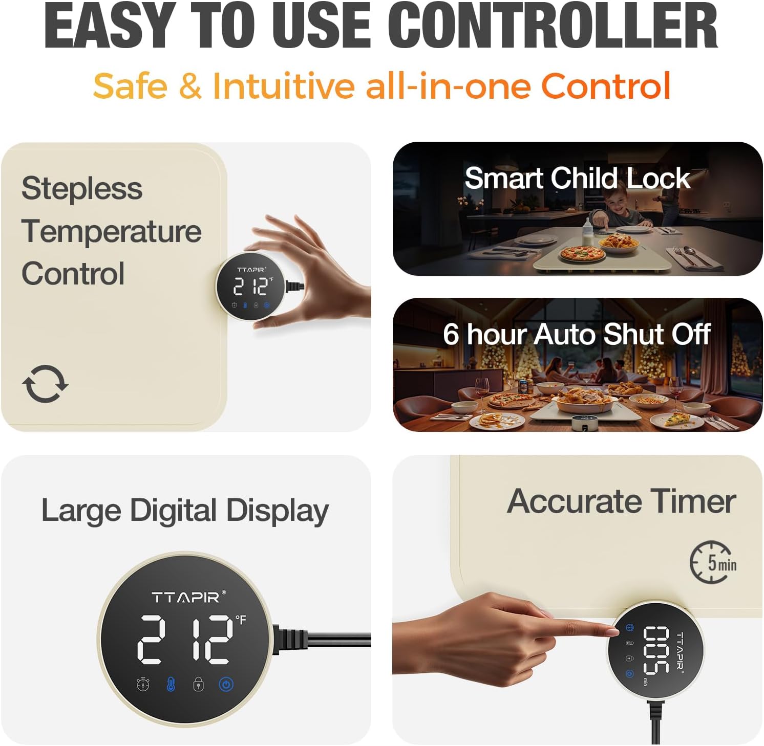 Portable & Rollable Warming Pad for Food, Electric Warming Tray for Buffets Party & Camping, Dishwasher-Friendly Food Warming Pad, Folding Warming Tray, 1°F Precision Heat & 5-Min Timer, Off-White