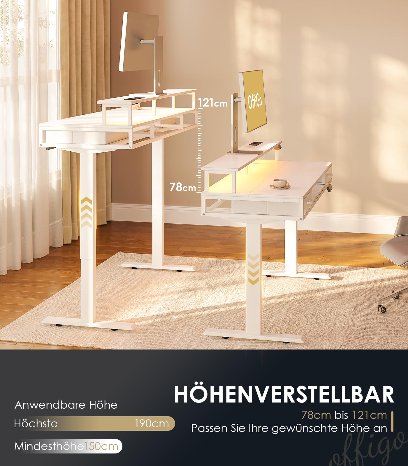 OffiGo Schreibtisch Höhenverstellbar mit Schubladen, 120 cm Elektrischer Schreibtisch mit Tastaturablage, Computertisch mit Monitorständer, Tisch Höhenverstellbar mit Steckdosen und Lichtleiste, Weiß