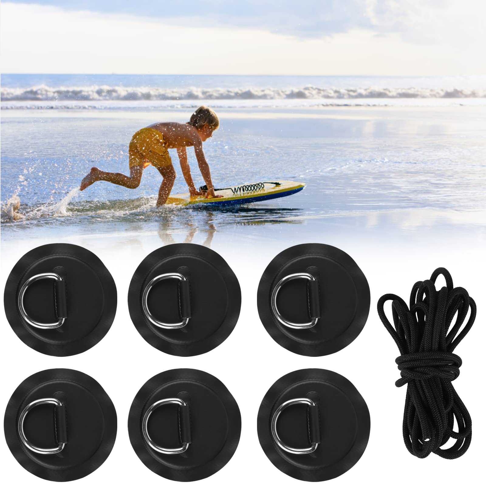 efuturetime 6 x D-Ring Patch Pad, Anello a D in Acciaio Inossidabile con 5m di Cordino Elastico, Paddleboard Accessori per Kayak, Surfboard, PVC Gommone Barca, Nessuna Colla Inclusa