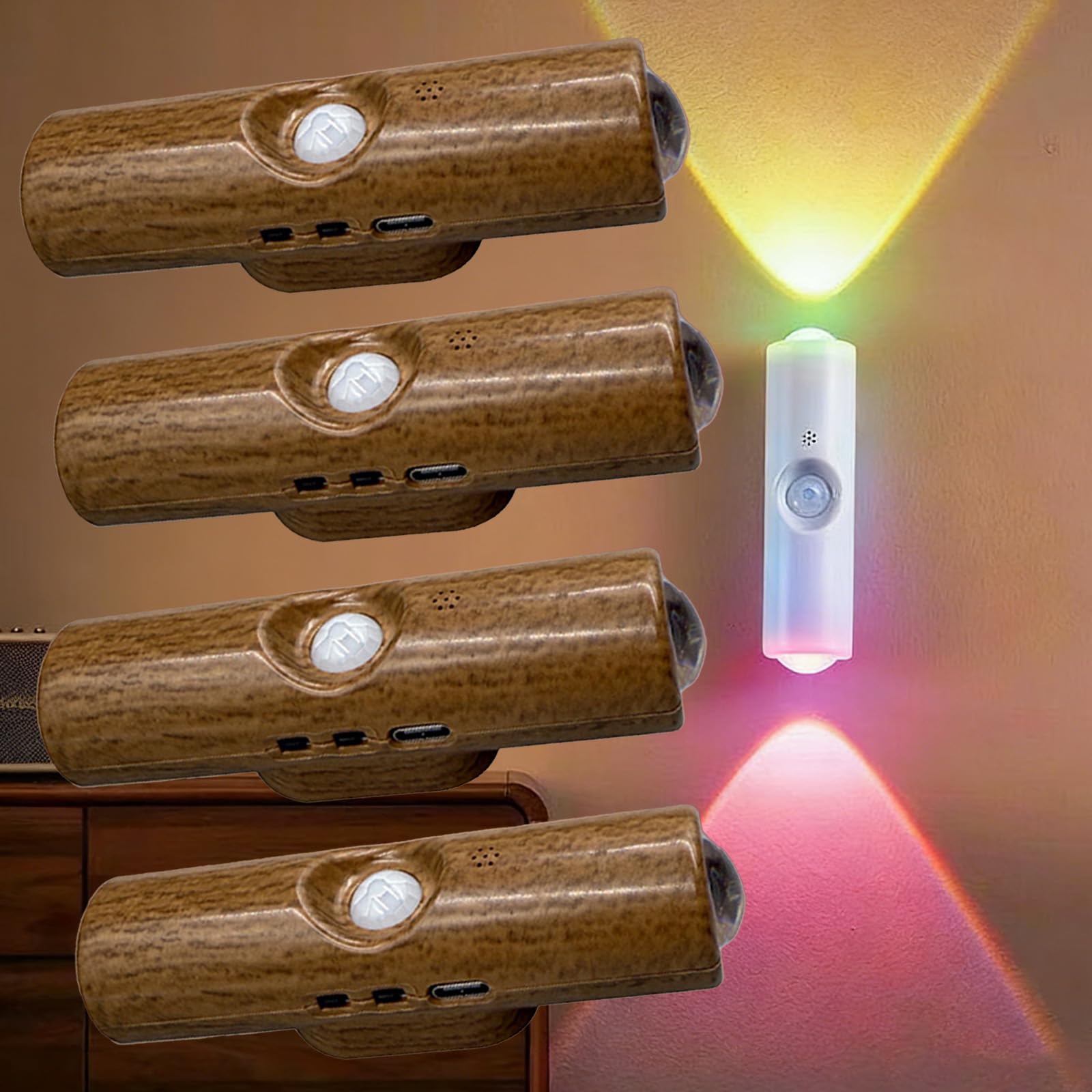 Rechargeable Smart LED Motion Sensor Ambient Light,Punch-Free Color Changing Motion Sensor Light,for Staircases,Corridor,Wardrobe, Cabinet (Wood,7color,4)