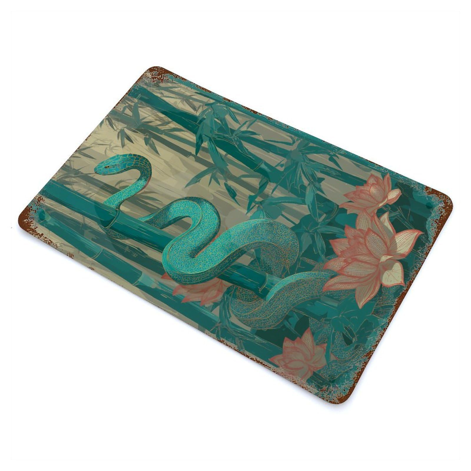 Snake in Bamboo Forest with Lotus Rusty Metal Tin Sign 11.8"x7.9", Old School Wall Decor for Garage, Pub Or Kitchen