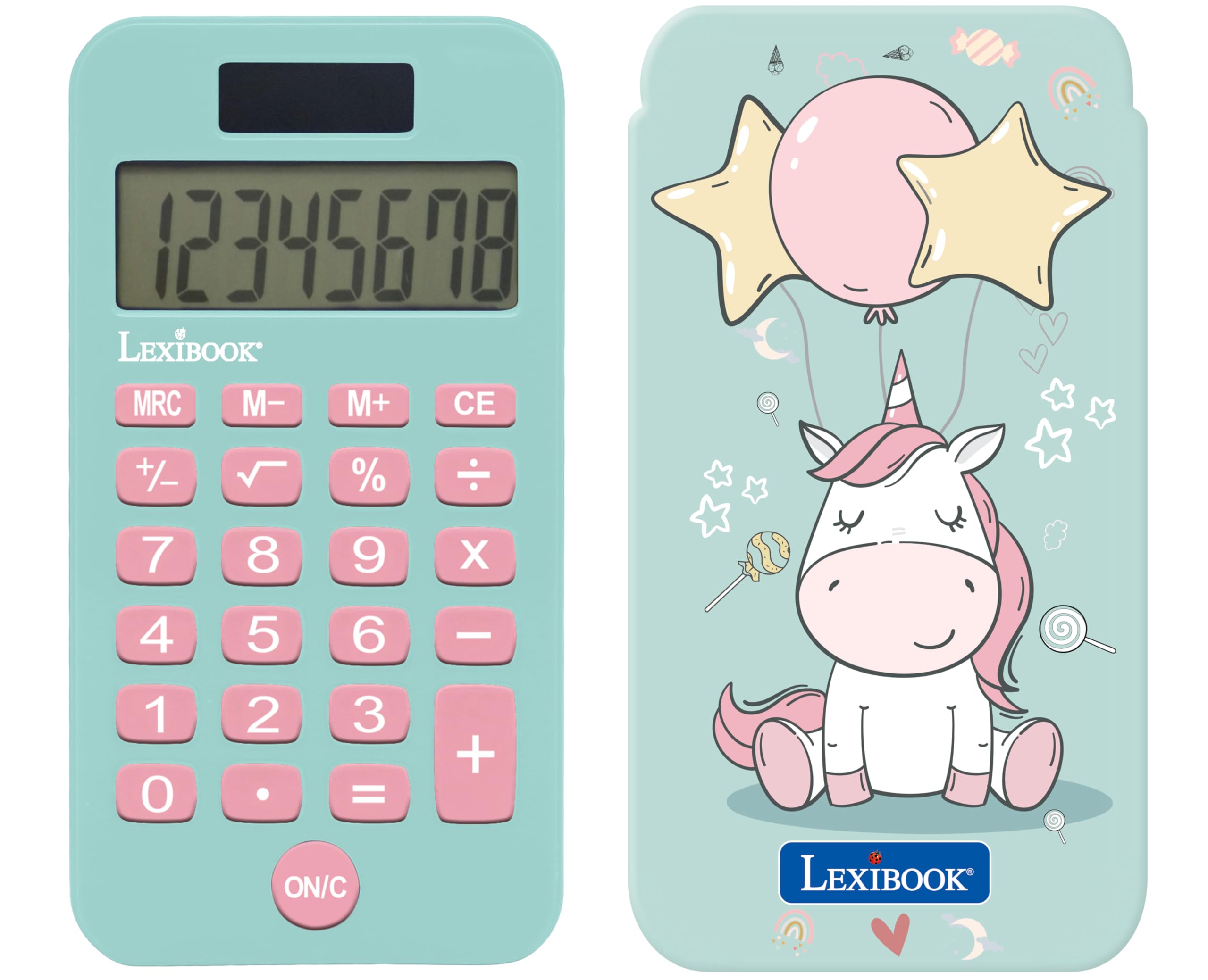 Lexibook, Unicorn, Pocket Calculator with Protective Cover, Classic and Advanced Functions, Battery and Solar Powered, Blue and Pink, C45UNI