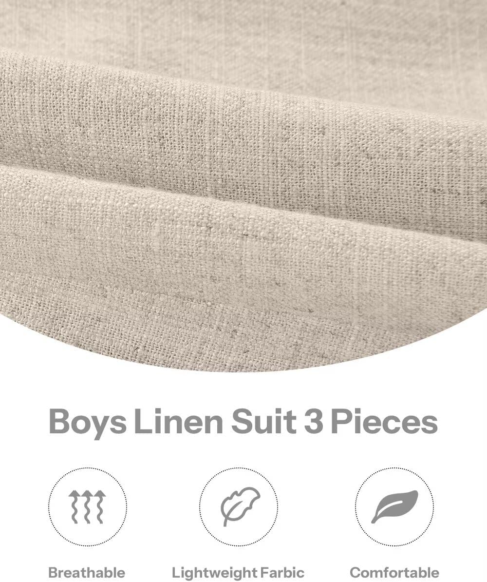 Boys 3 Piece Linen Suit Summer Beach Wedding Outfit Slim Fit Tuxedo Jacket Vest Pants Set Toddler Formal Christening Blazer