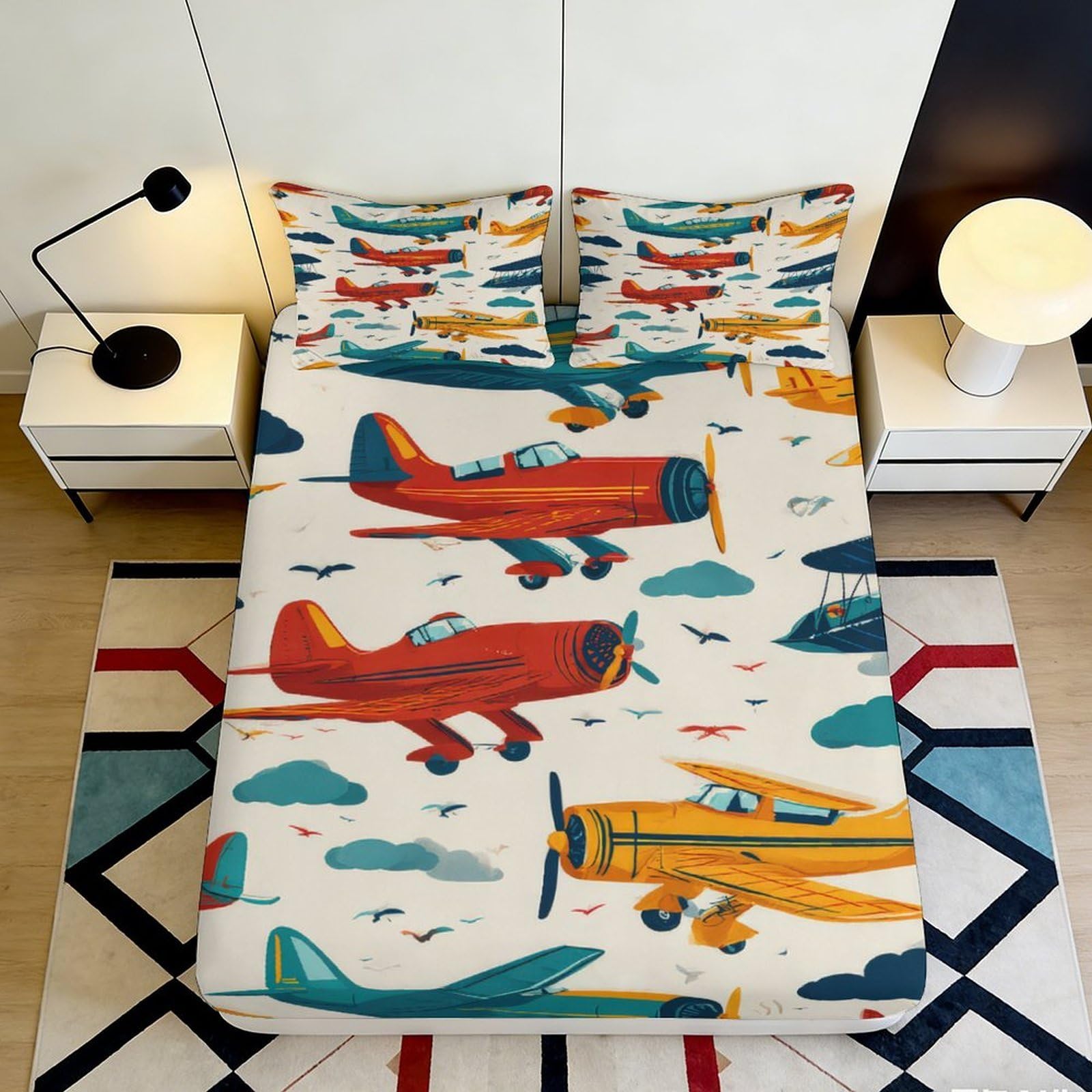 3D Printed Vintage Airplane Fitted Sheet Microfiber Soft Breathable Cartoon Aircraft Mattress Cover Bedroom Decor 90x200x25cm