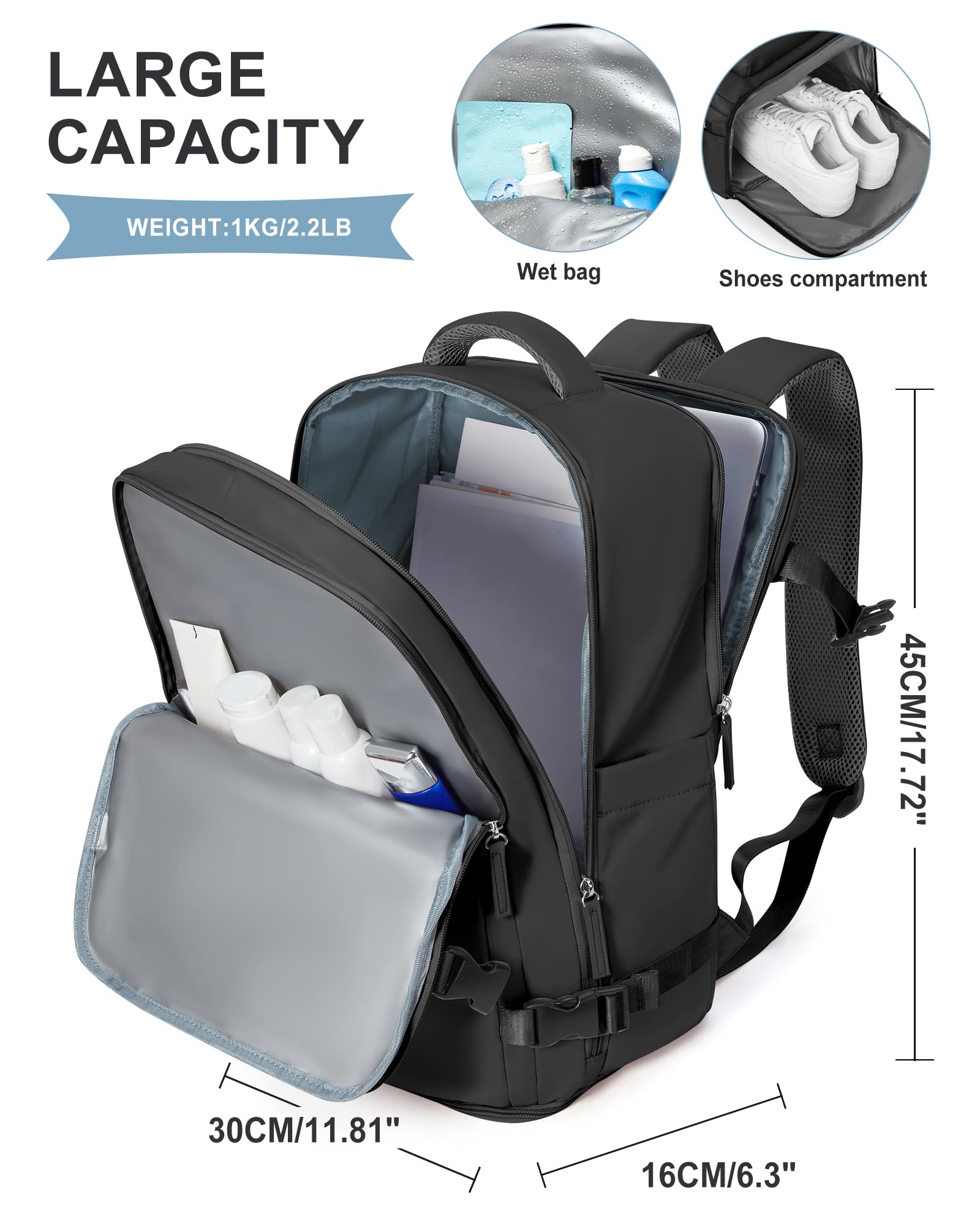 SZLX Zaino Ryanair 40x30x20 Sottovuoto Bagaglio a Mano 40x20x25 Sottovuoto Borse da Cabina per Easyjet 45x36x20 Zaino da Viaggio Donna con Porta USB, Borsa Impermeabile Adatto a PC da 14 Pollici