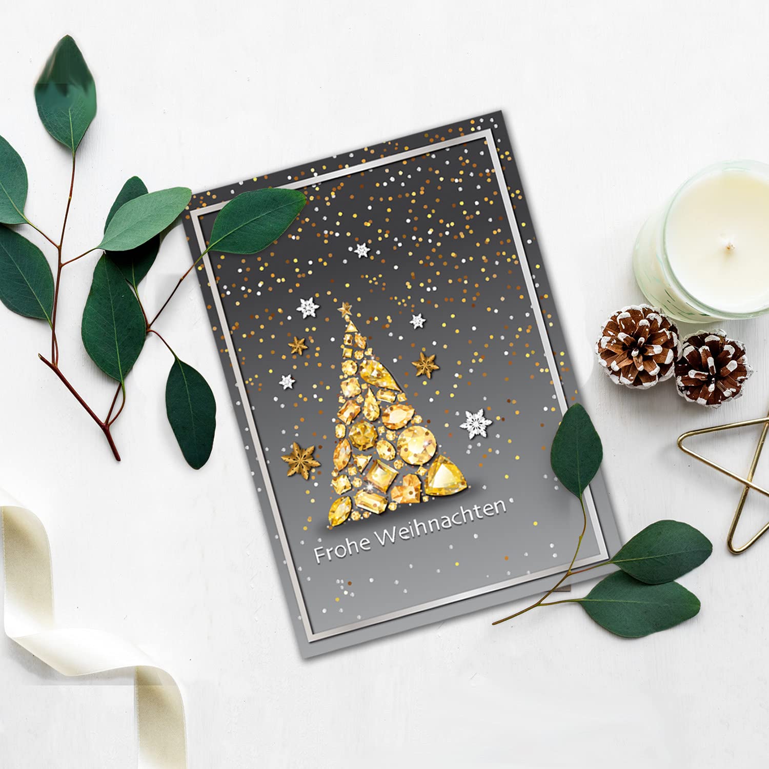 75 cartes de Noël DIN A6 en gris avec motif arbre de Noël en pierres précieuses – Cartes pliantes avec motif de Noël – 10,5 x 14,8 cm – Cartes de vœux de Noël pour les entreprises et les particuliers.